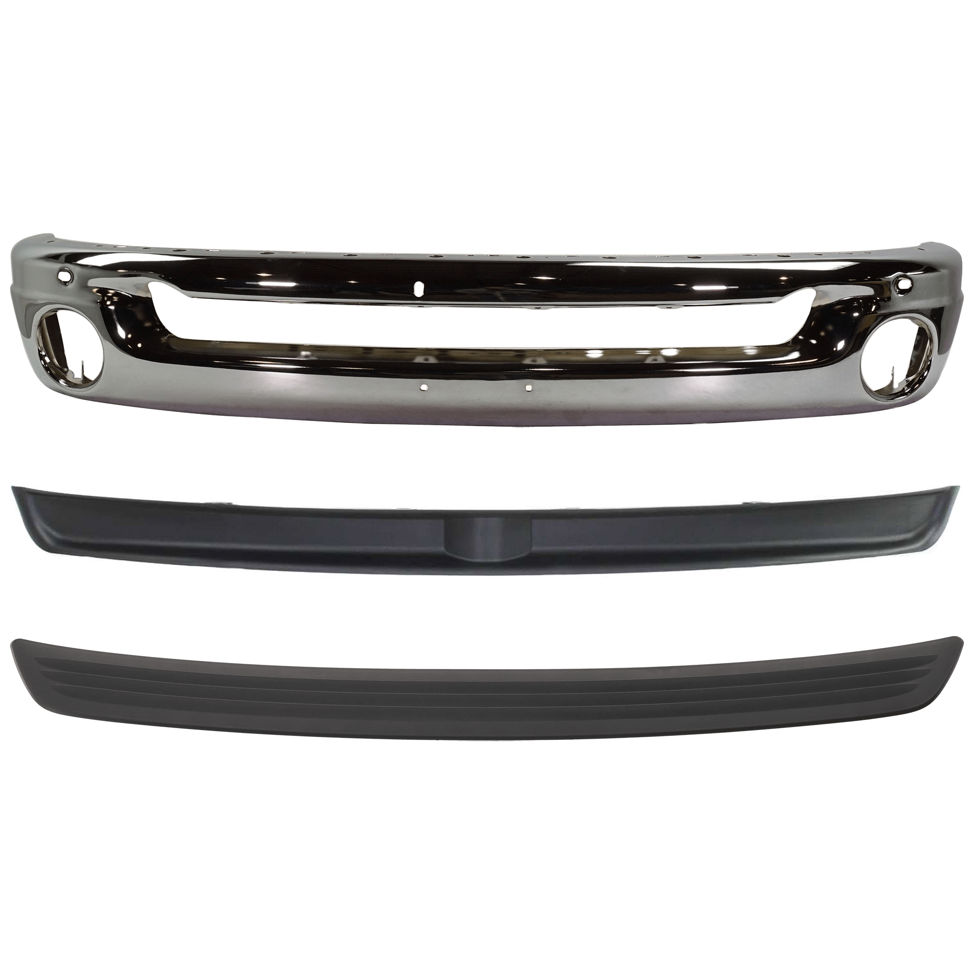 AM RAM 2500-3500-06-09 FRONT BUMPER Face Bar Chrome Steel 3 pc kit with Bumper Trim SKU KIT 072924 C3020 Partslink CH1002383 CH1019103 CH1091101 OEM 55077946AB 55077763AB 55077896