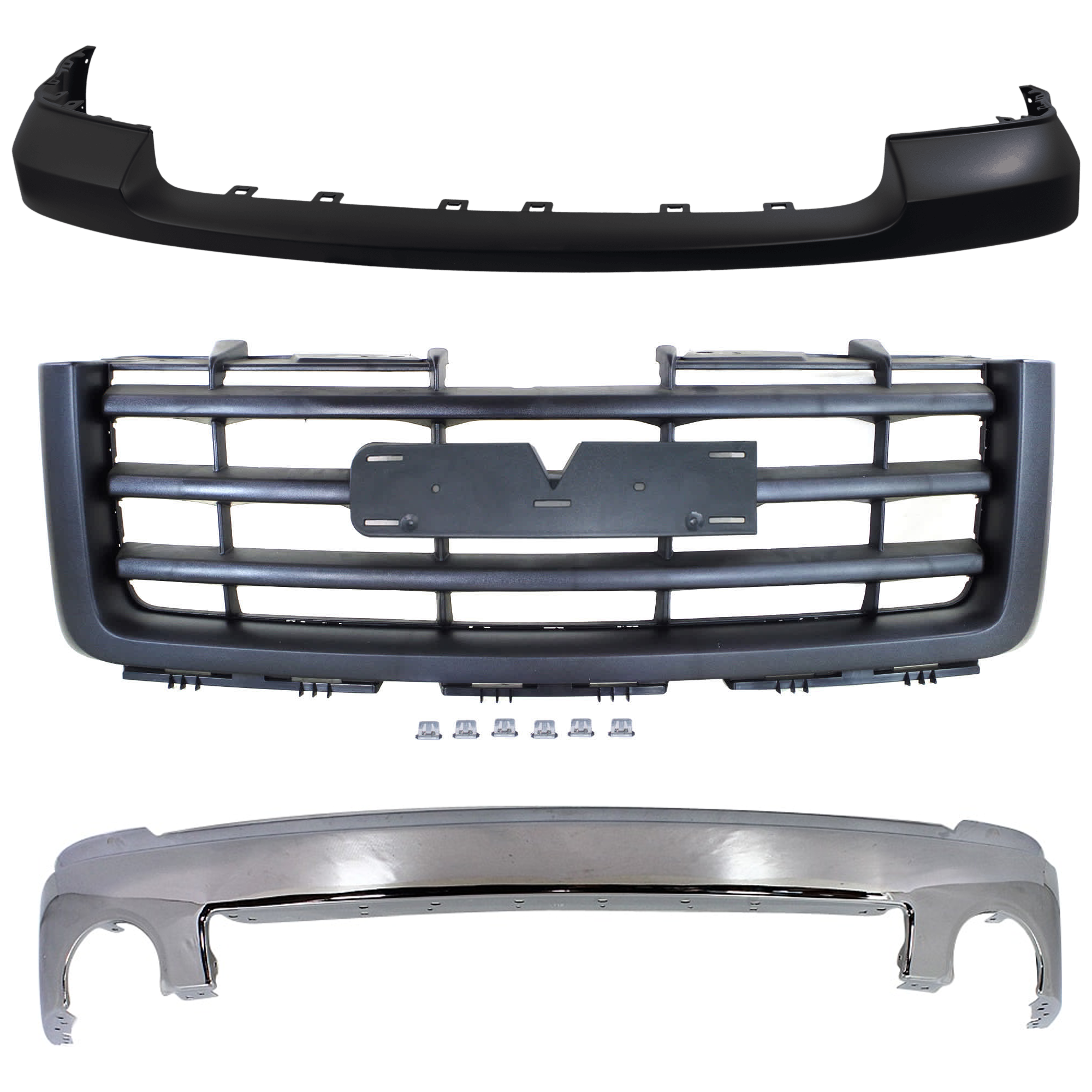 AM SIERRA 1500-07-13 FRONT BUMPER 3 pc kit w Grille Assembly and Bumper Cover SKU KIT 072924 C3065 Partslink GM1002833 GM1014103 GM1200583 OEM 15901505-25783617-22761793