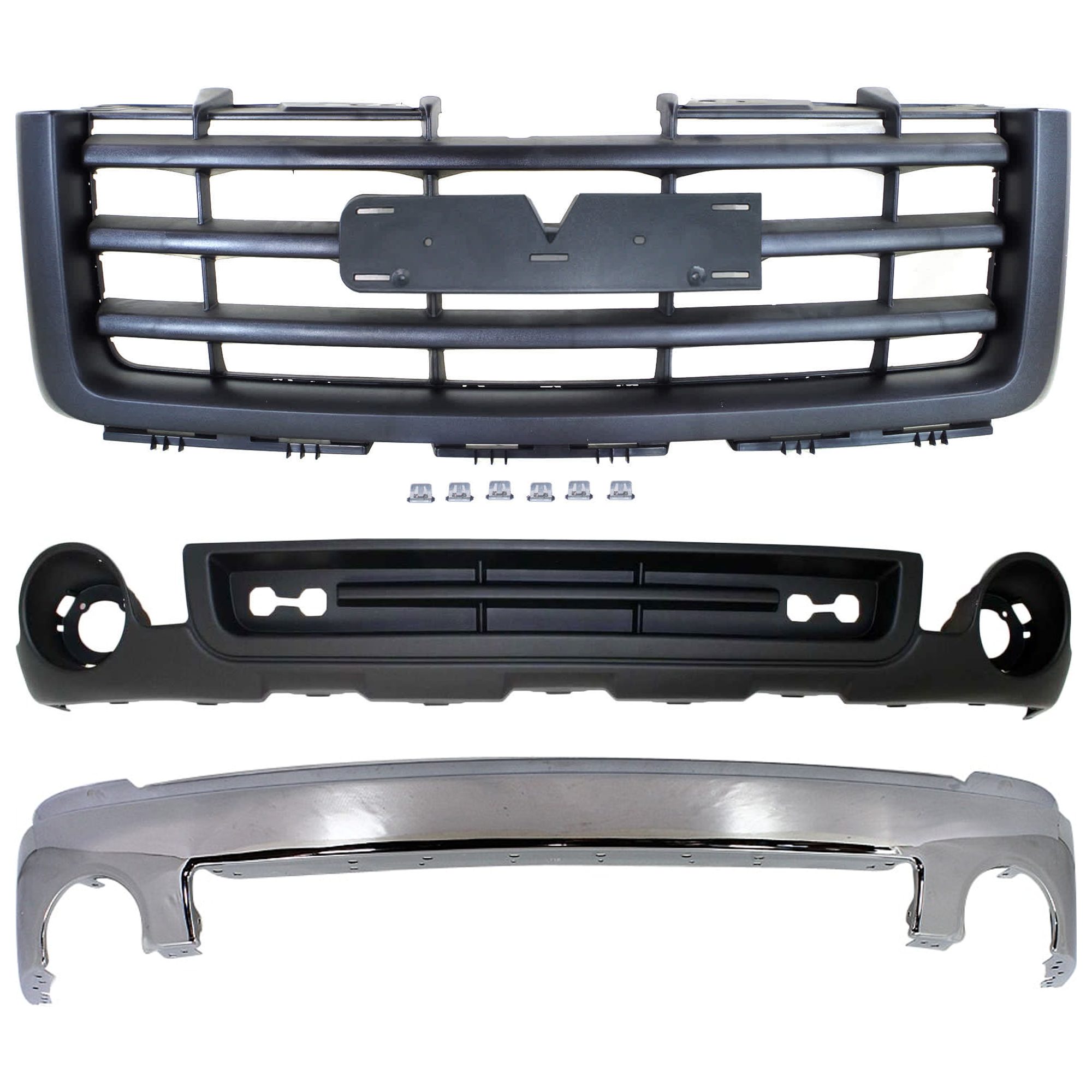 AM SIERRA 1500-07-13 FRONT BUMPER 3 pc kit w Grille Assembly and Valance SKU KIT 072924 C3067 Partslink GM1002833 GM1200583 GM1015100 OEM 15901505-22761793-15131299