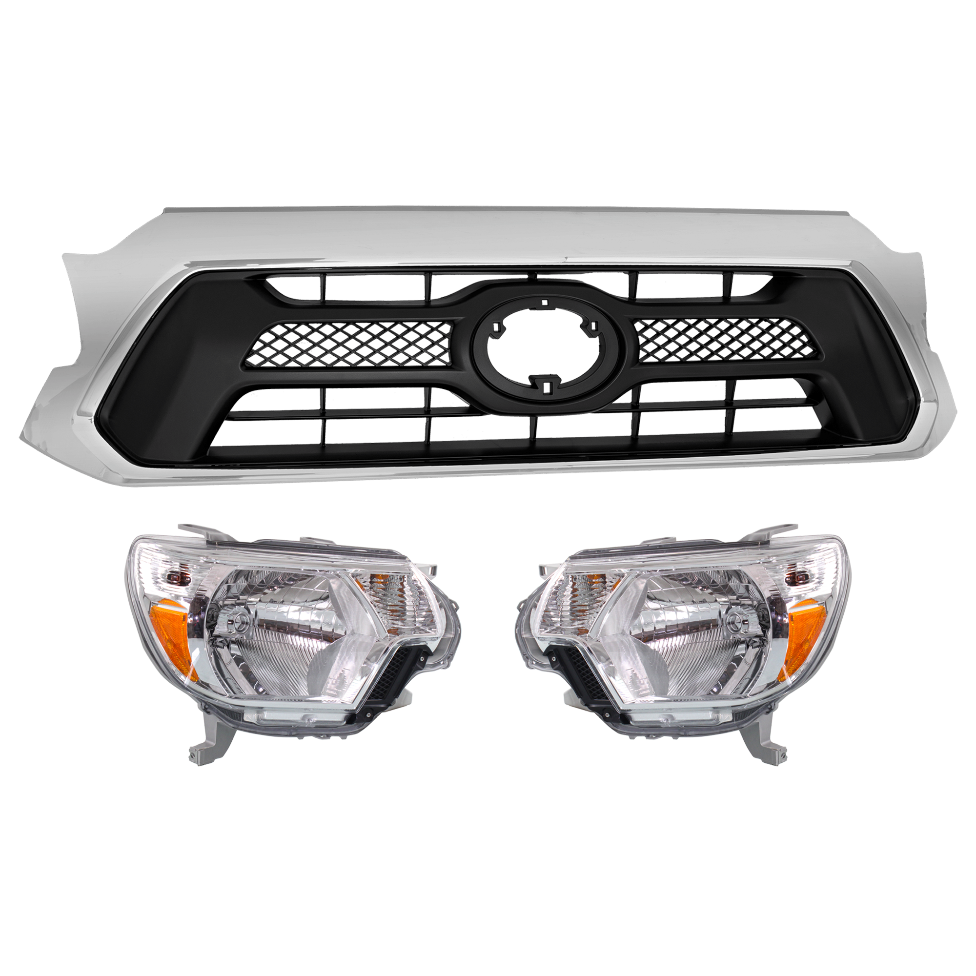 AM TACOMA 12-15 HEAD LAMP RH AND LH 3 pc Kit with Grille Assembly SKU KIT 072924 C3107 Partslink TO2502213 TO2503213 TO1200351 OEM 8111004181-8115004181-53100044