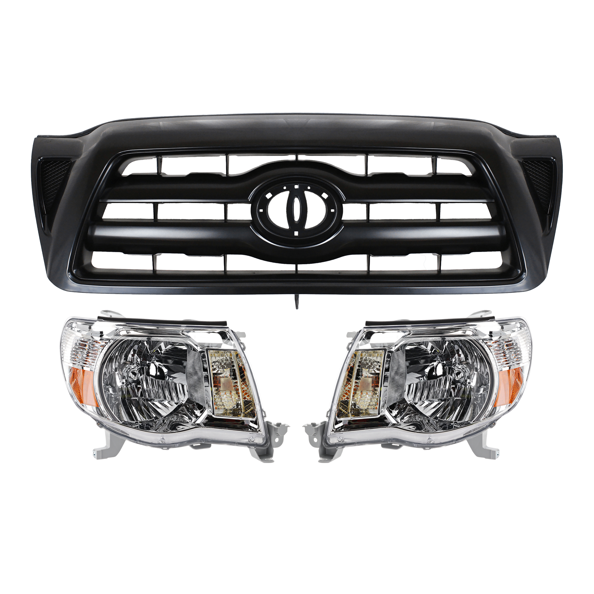 AM TACOMA 05-10 HEAD LAMP RH AND LH 3 pc Kit with Grille Assembly SKU KIT 072924 C3151 Partslink TO2502157 TO2503157 TO1200279 OEM 8111004163-8115004163-53100043