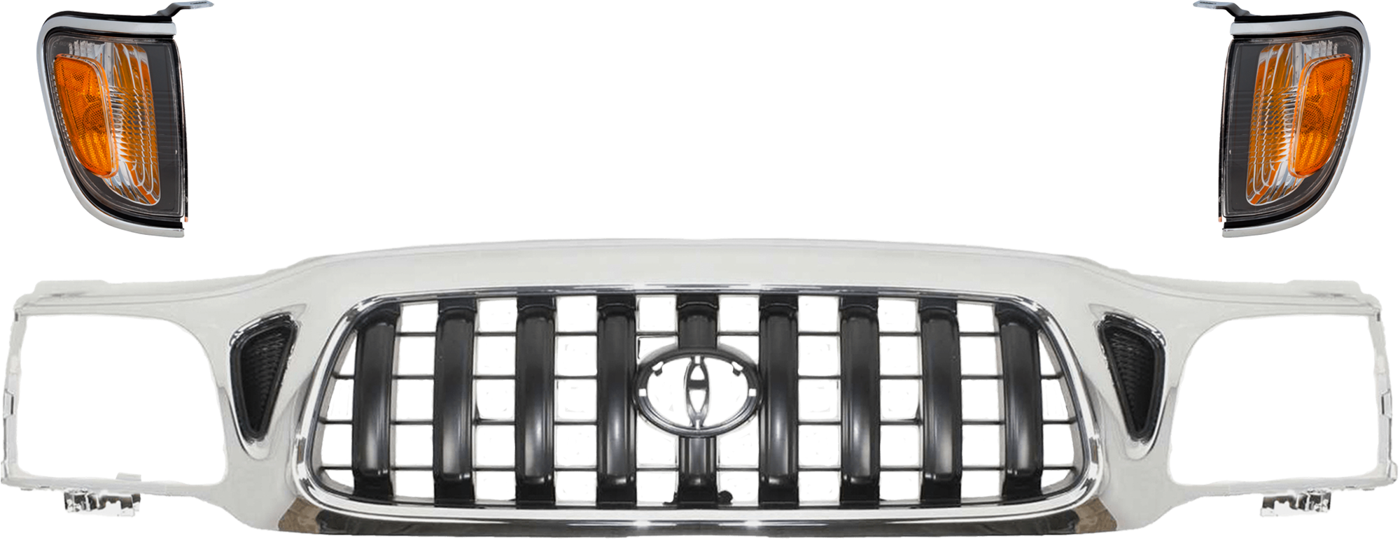 AM TACOMA 01-04 GRILLE 3 pc Kit Chrome Shell Painted Dark Gray Insert w o S Runner Model 4WD SKU KIT 072924 C3154 Partslink TO1200248 TO2521161 TO2520161 OEM 5310004240-8161004080-81620040
