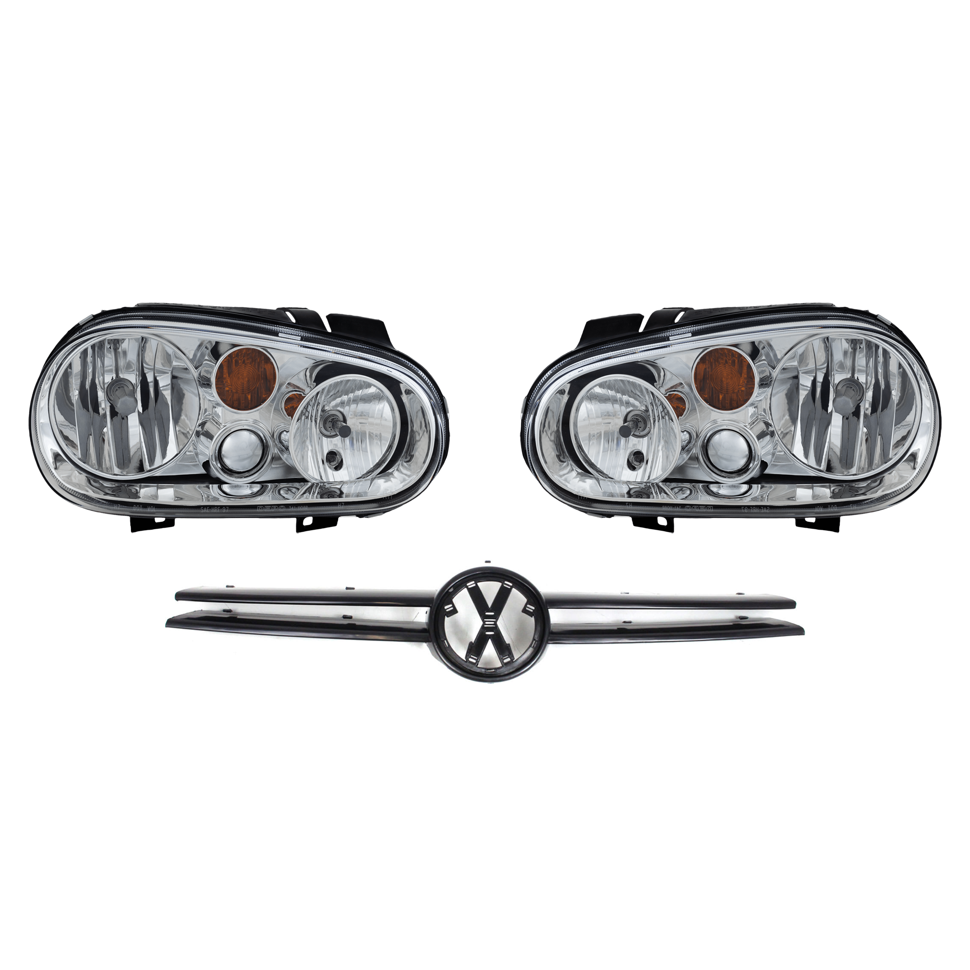 AM GOLF 02-05 HEAD LAMP RH AND LH 3 pc Kit with Grille Assembly SKU KIT 072924 C3166 Partslink VW2502123 VW2503123 VW1200124 OEM 1J0941017D 1J0941018D 1J085365