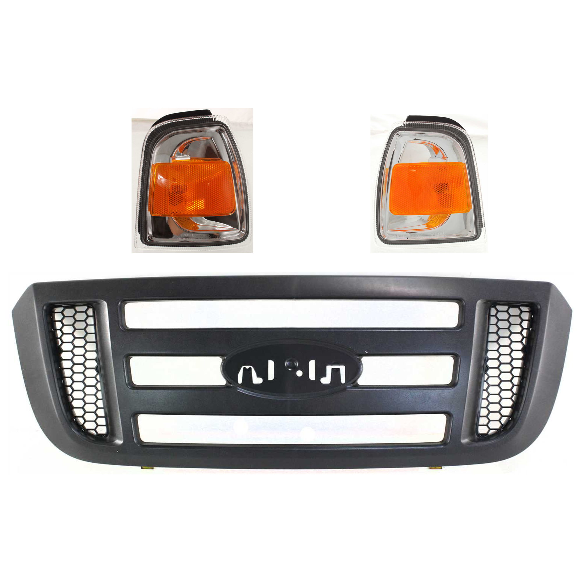 AM RANGER 06-11 GRILLE 3 pc Kit Textured Dark Gray Shell w Black Inner Grille XL XLT Models w o STX Model SKU KIT 072924 C3385 Partslink FO2530171 FO2531171 OEM 6L5Z8200BAC 6L5Z15A201BA 6L5Z1