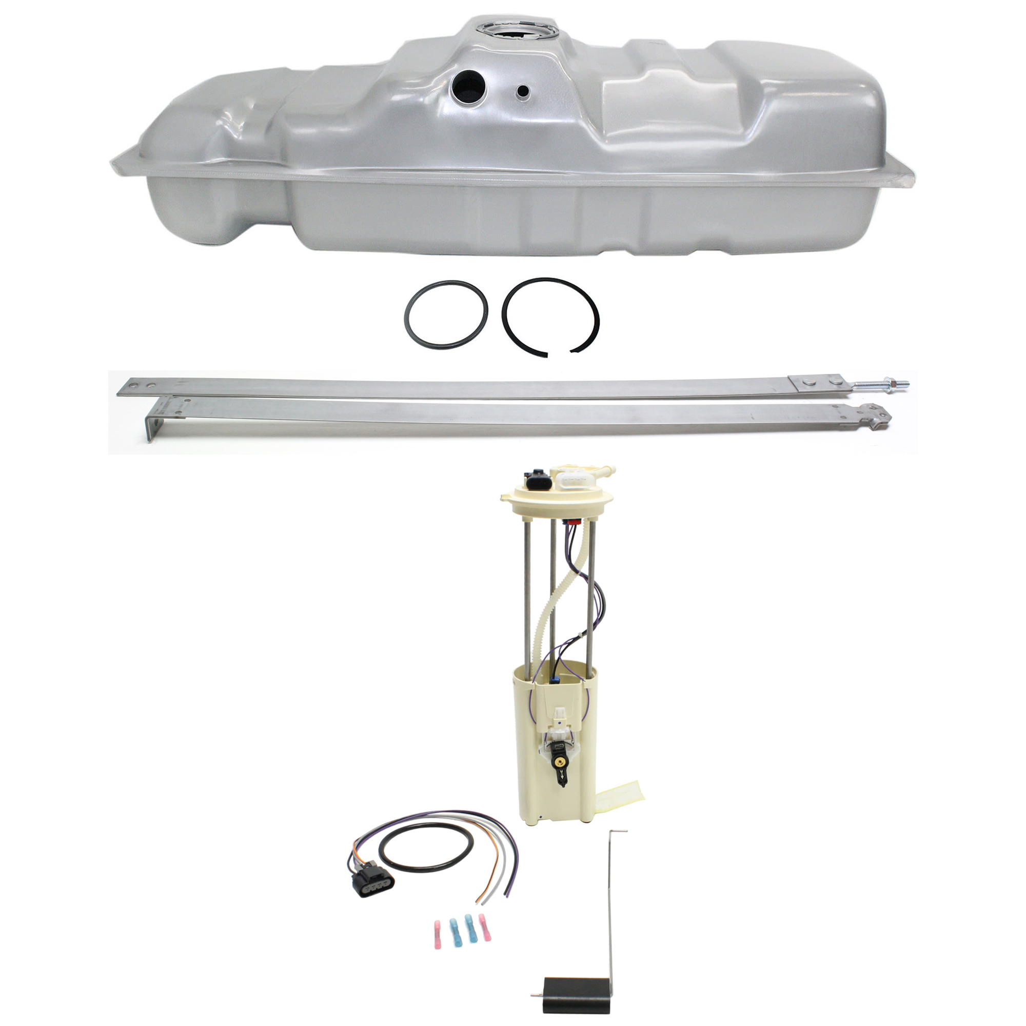 AM C K FULL SIZE P U 97-00 FUEL TANK 4 pc kit Mounts Ahead of Rear Axle 25 Gal. SKU KIT 072924 C3492 OEM 15019923-15633889-19177226