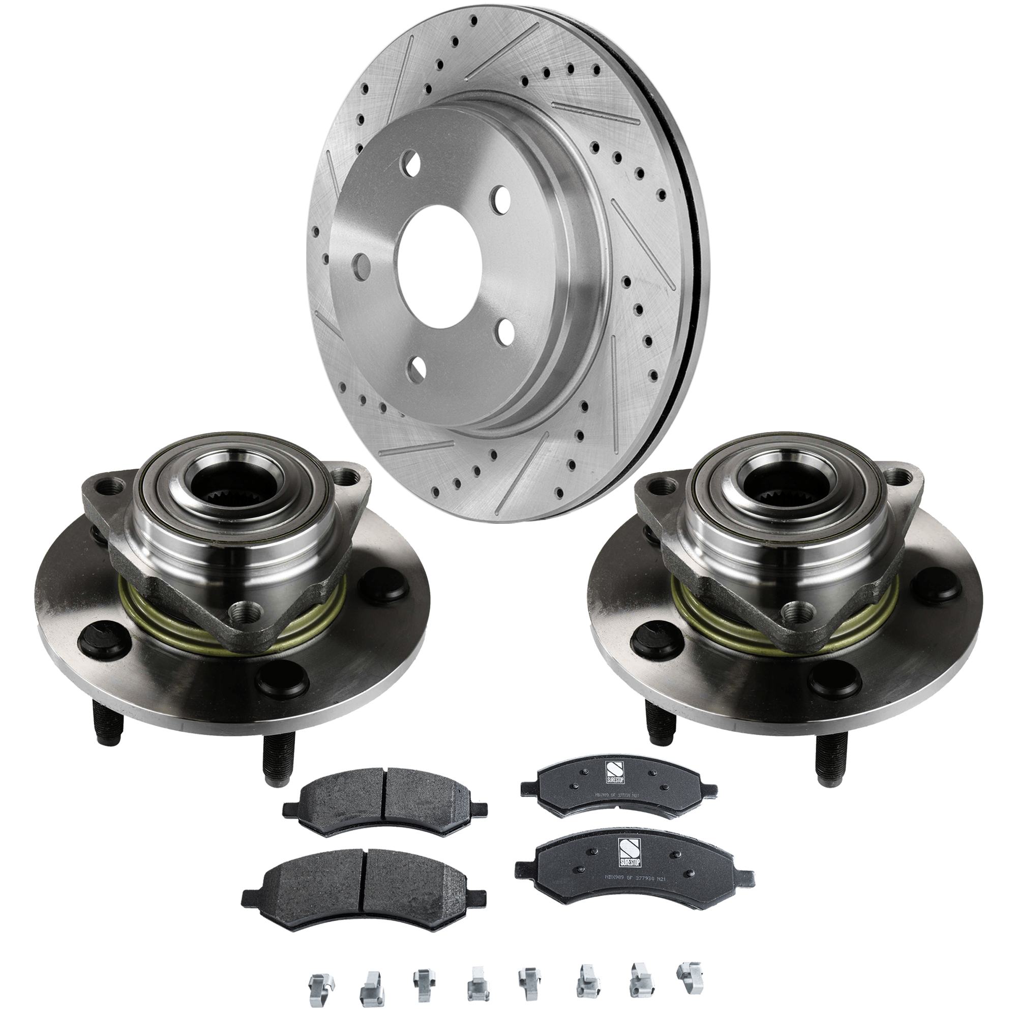 AM RAM 1500-06-08 FRONT HUB ASSEMBLY RH=LH 5 pc Kit with Brake Disc and Brake Pad Set SKU KIT 072924 C3537 OEM 52070321AA 2414-19966-53005-14