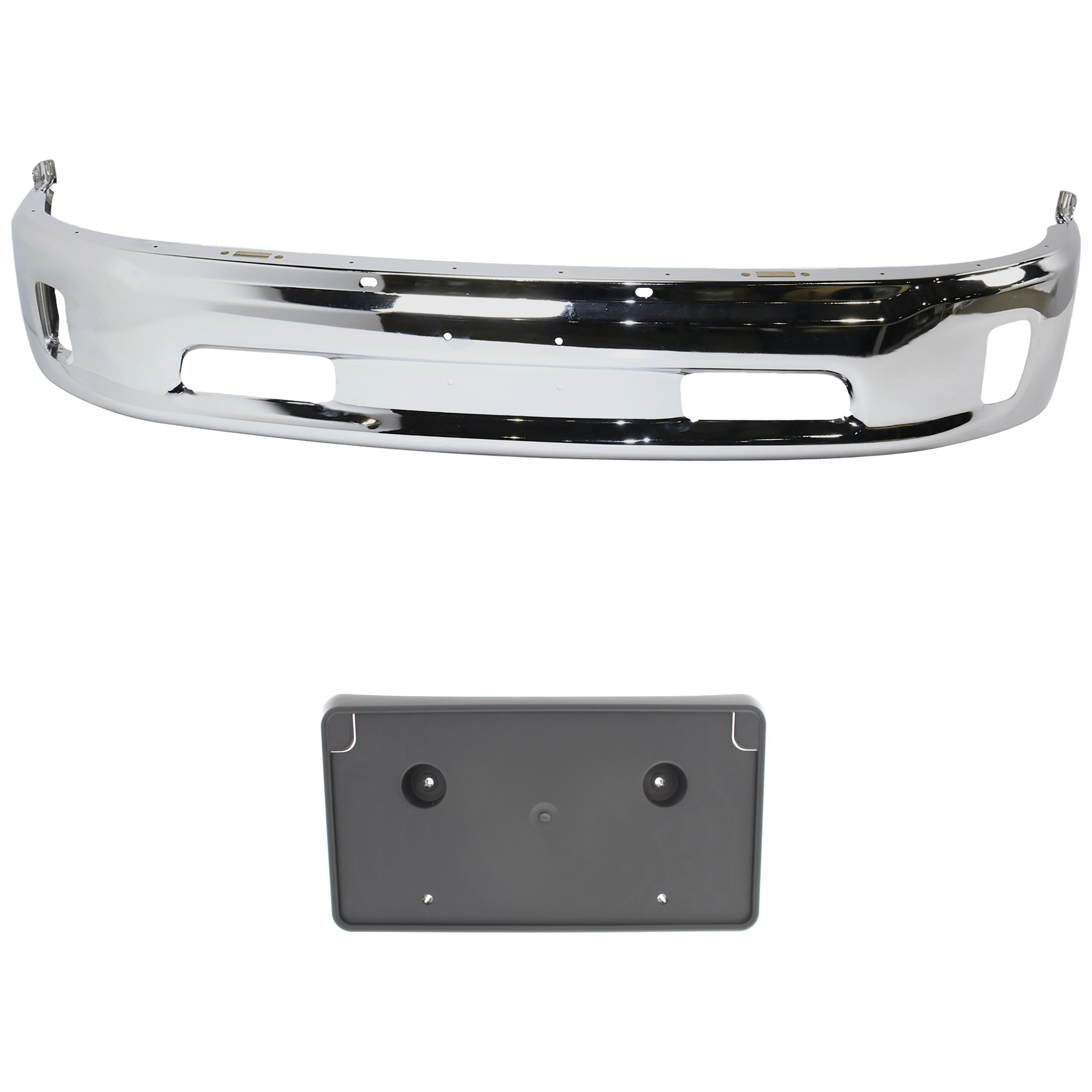 AM RAM 1500-13-18 FRONT BUMPER Lower Chrome 2 pc kit with License Plate Bracket w o Parking Aid Sensor Holes Fits 2 pc Type Bumper Includes 19-24-1500 Classic SKU KIT 072924 C3642 Partslink CH1002396 CH1068127 OEM 68160853AB 68141643AA