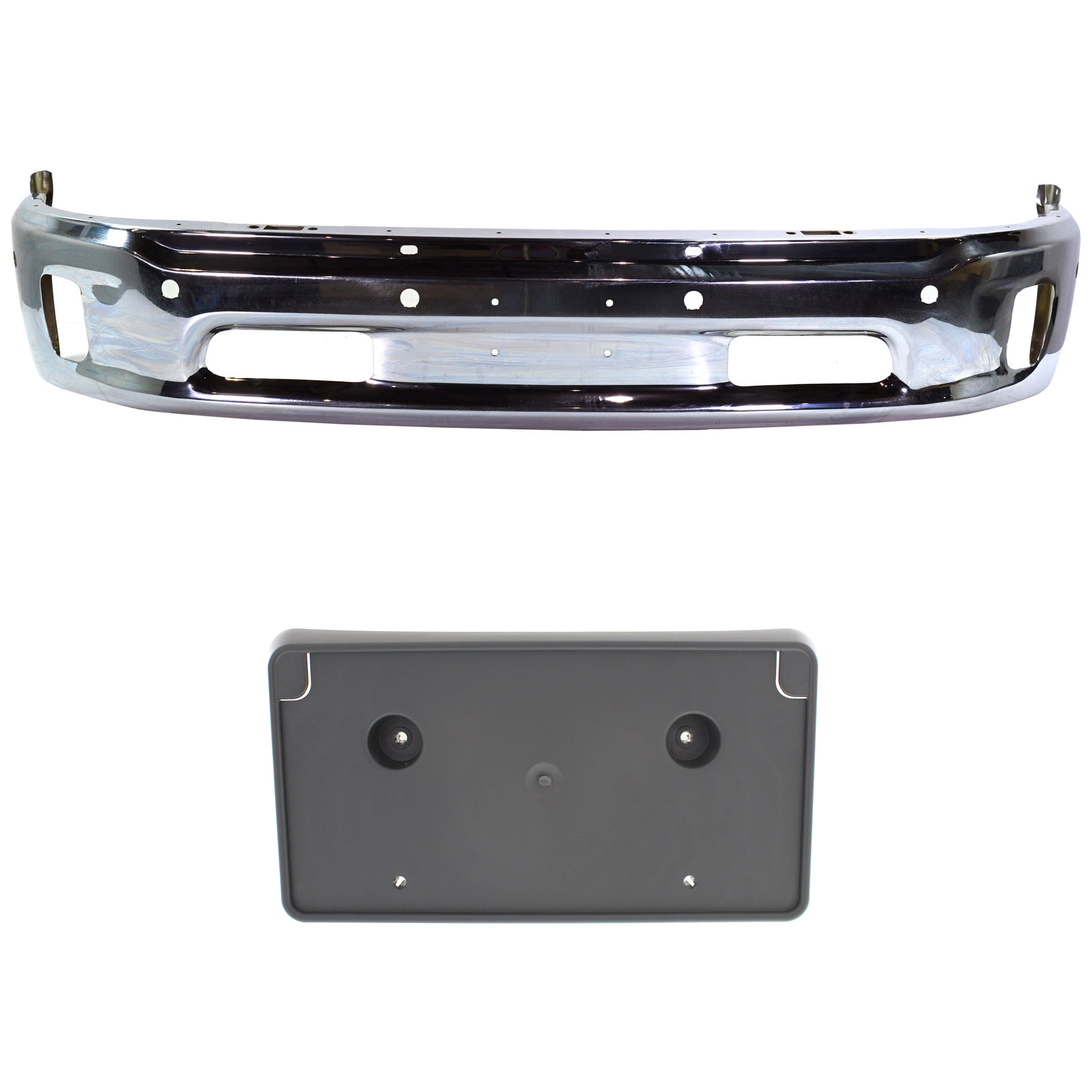 AM RAM 1500-14-18 FRONT BUMPER Lower Chrome 2 pc kit Includes License Plate Bracket w Parking Aid Sensor Holes Fits 2 pc Type Bumper SKU KIT 072924 C3675 Partslink CH1002402 CH1068127 OEM 68160857AA 68141643AA