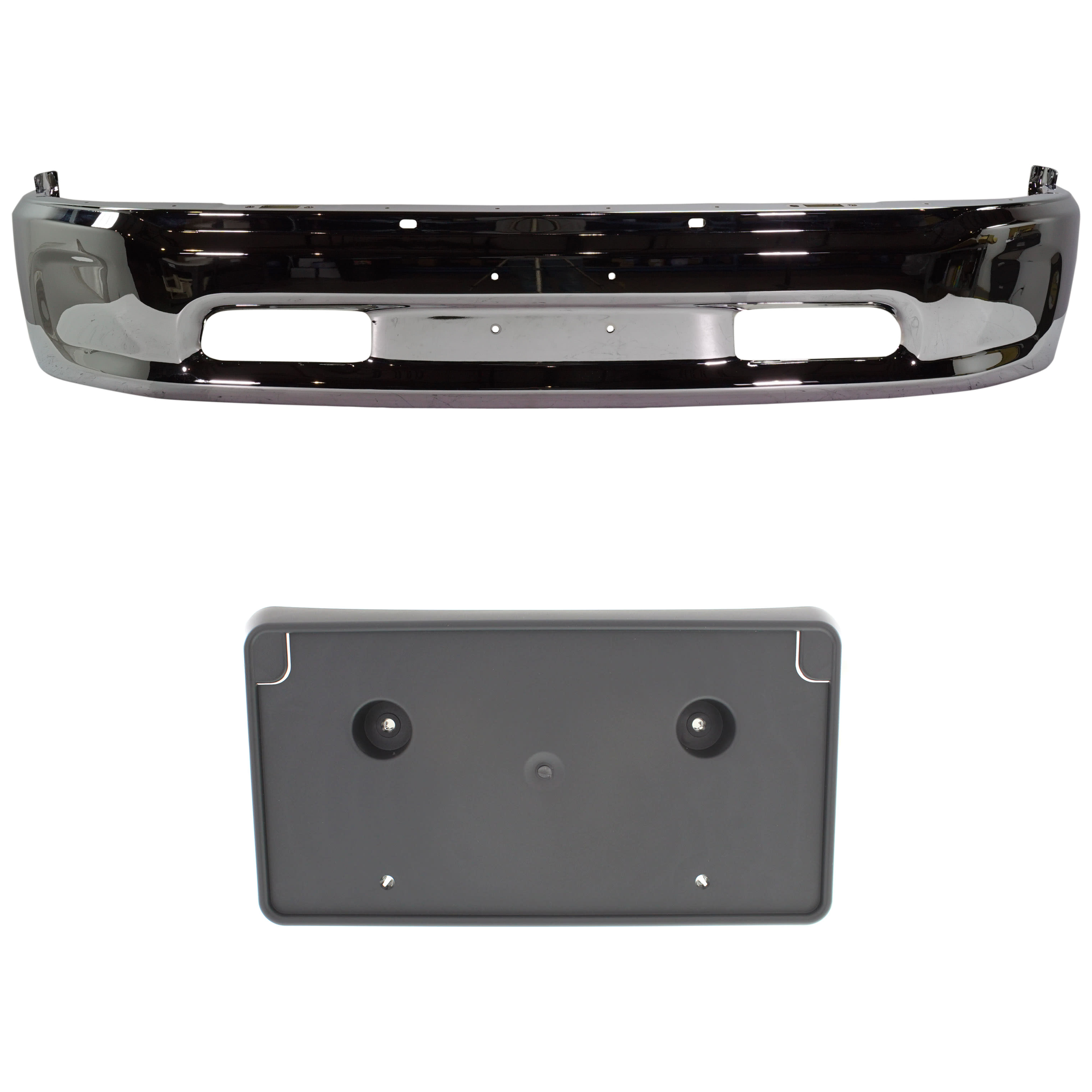 AM RAM 1500-14-18 FRONT BUMPER Lower 2 pc kit Chrome with License Plate Bracket Includes 19-24-1500 Classic SKU KIT 072924 C3676 Partslink CH1002397 CH1068127 OEM 68160855AC 68141643AA