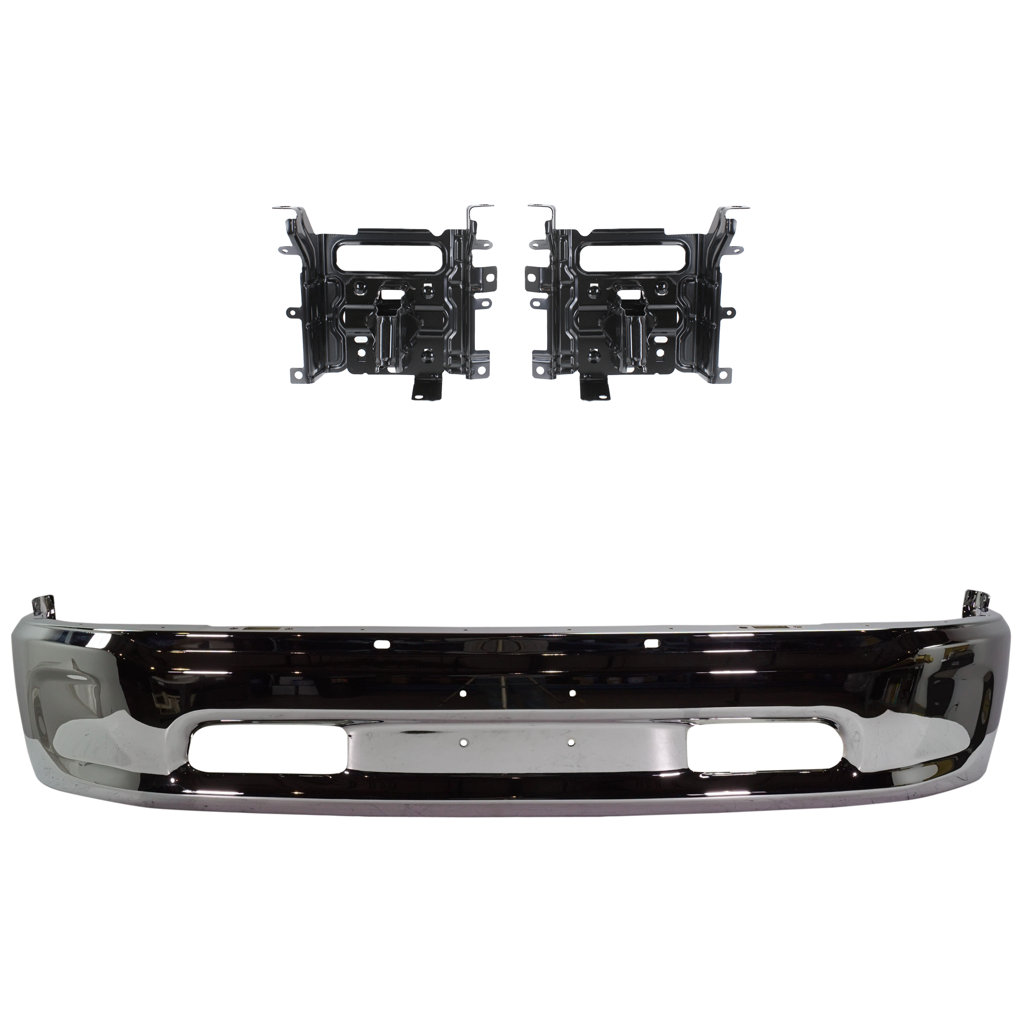 AM RAM 1500-13-18 FRONT BUMPER 3 pc kit Chrome w o Fog Light Holes Includes 19-23-1500 Classic with Bumper Bracket SKU KIT 072924 C3698 Partslink CH1002397 CH1061104 OEM 68160855AC 68232485AA