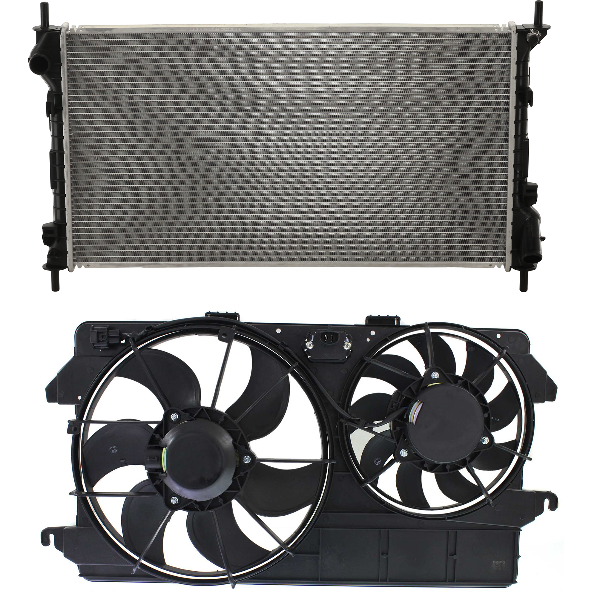 AM TRANSIT CONNECT 10-13 RADIATOR FAN ASSEMBLY 2 pc Kit Dual fan with Radiator and Radiator Fan SKU KIT 072924 C3715 Partslink FO3115180 FO3010295 OEM 9T1Z8C607A 9T1Z8005B