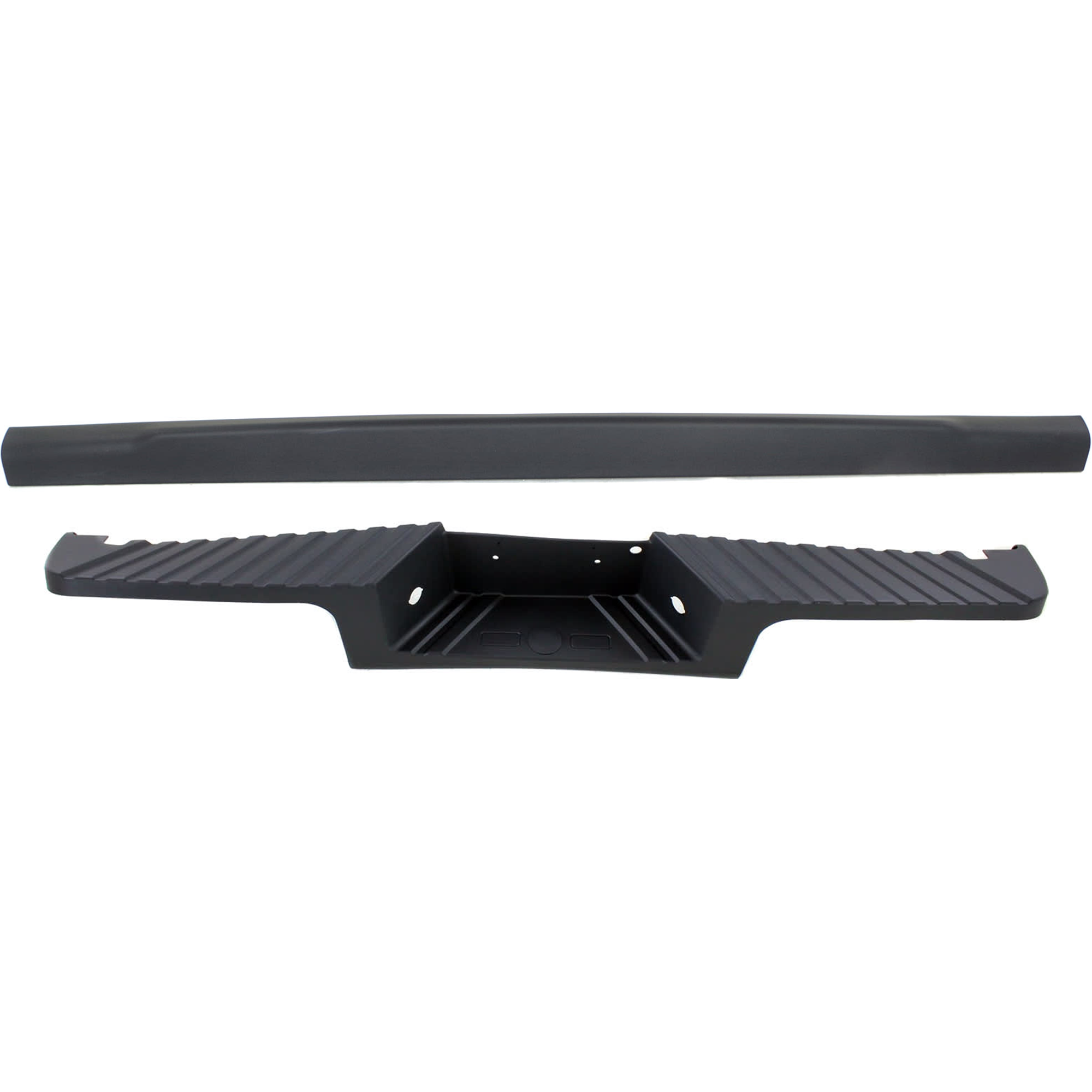 AM F SERIES SUPER DUTY 08-12 REAR BUMPER STEP PAD Black 2 pc Kit with Tailgate Molding SKU KIT 072924 C3725 Partslink FO1191131 FO1904104 OEM 8C3Z17B807AA BC3Z9940602B