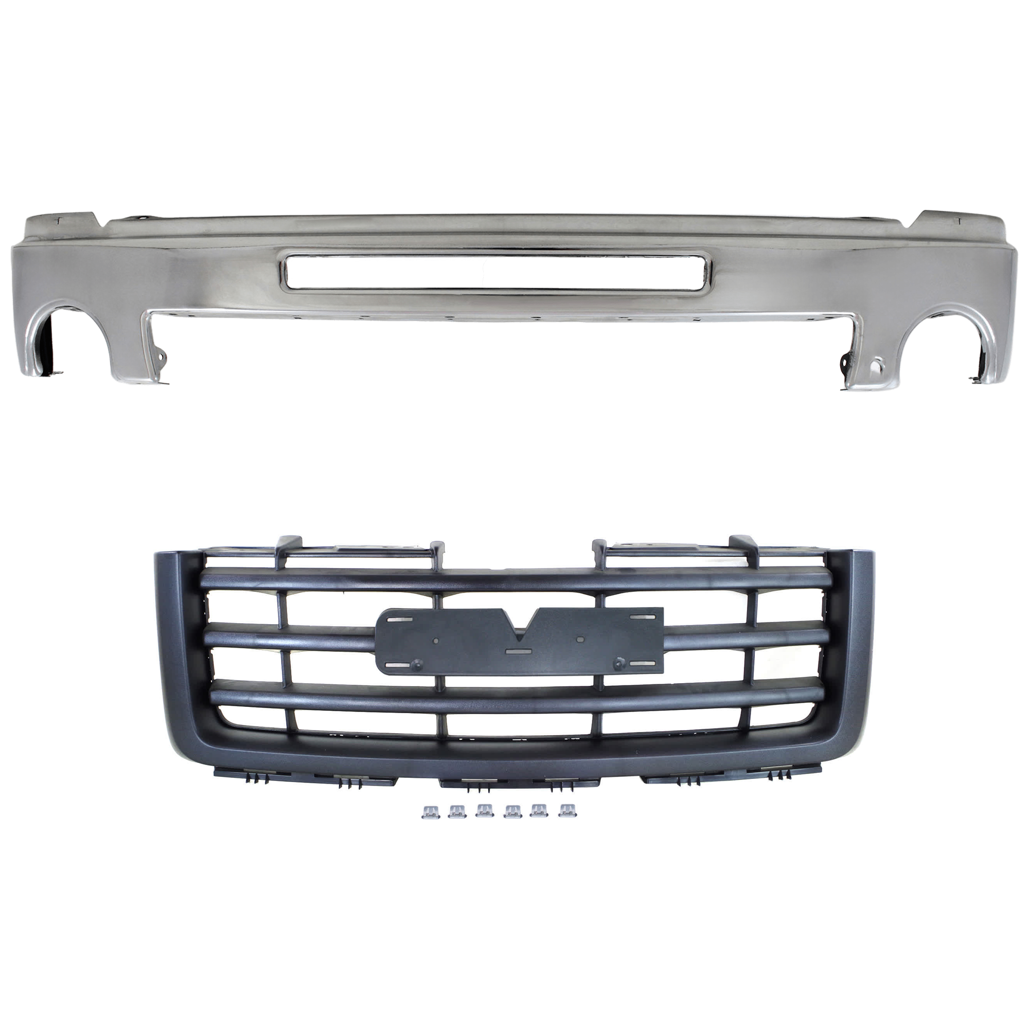 AM SIERRA 1500 FRONT BUMPER 2 pc kit w Grille Assembly SKU KIT 072924 C3732 Partslink GM1002834 GM1200583 OEM 15902856-22761793
