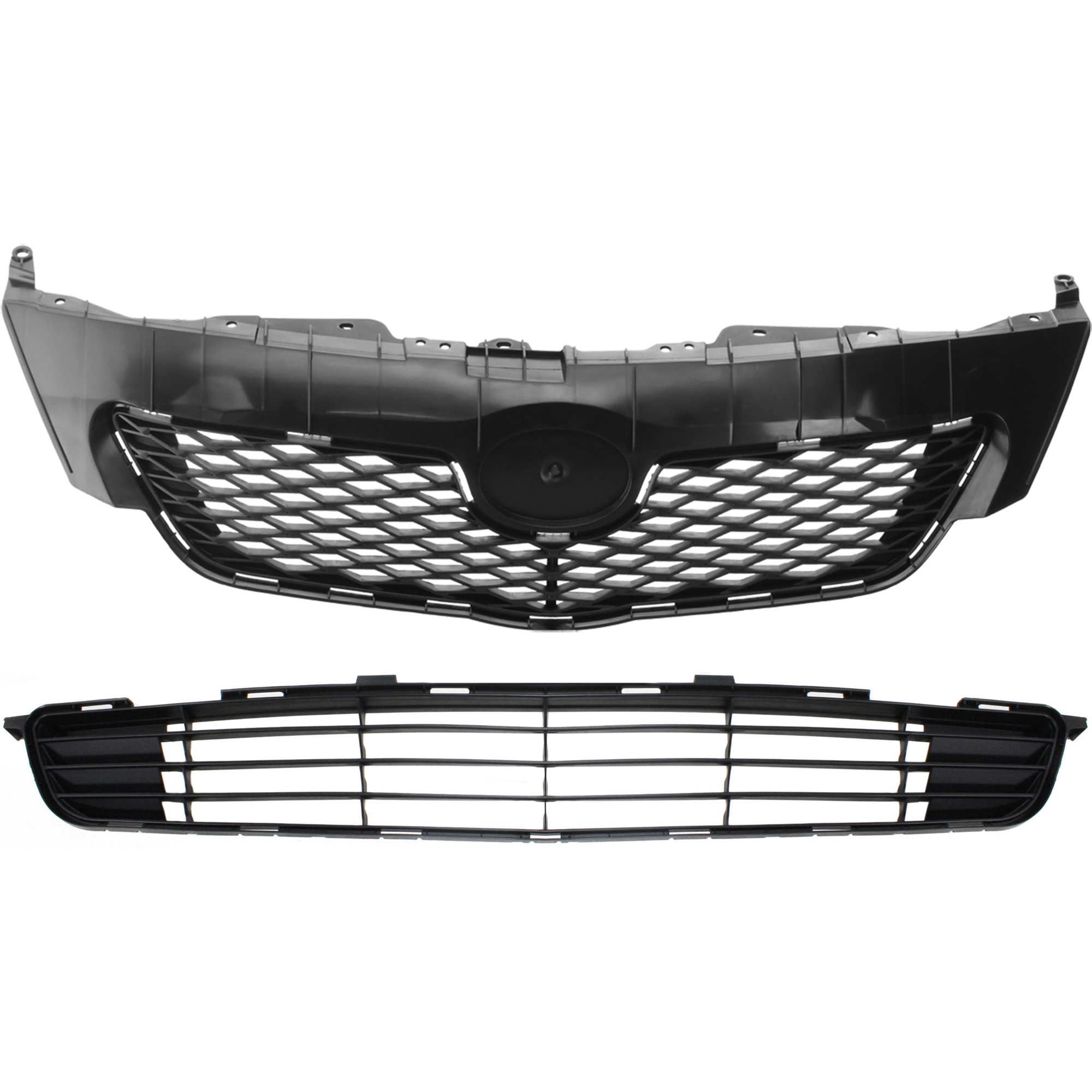 AM COROLLA 09-10 FRONT BUMPER GRILLE Textured Black 2 pc Kit with Grille Assembly SKU KIT 072924 C3763 Partslink TO1036111 TO1200304 OEM 5311202120-5311102450