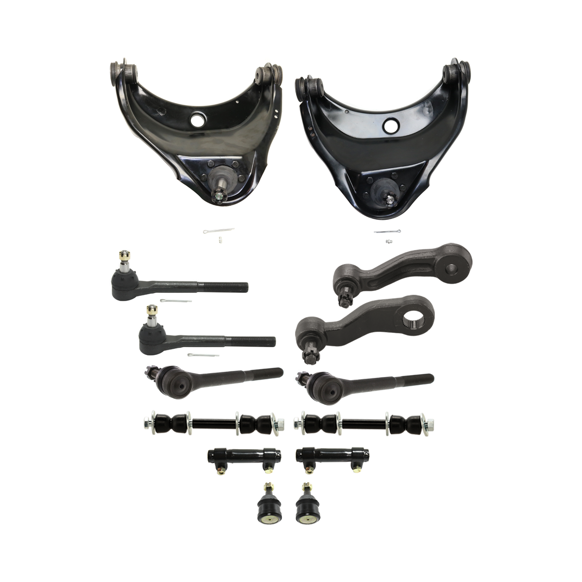 AM C1500-93-99 C2500-93-00 FRONT CONTROL ARM RH AND LH Upper w ball joint s 14 pc Kit with Idler Arm Pitman Arm Ball Joint Tie Rod End Tie Rod Adjusting Sleeve Sway Bar Link SKU KIT 072924 C4106 OEM 12361035-12361036-104101-26