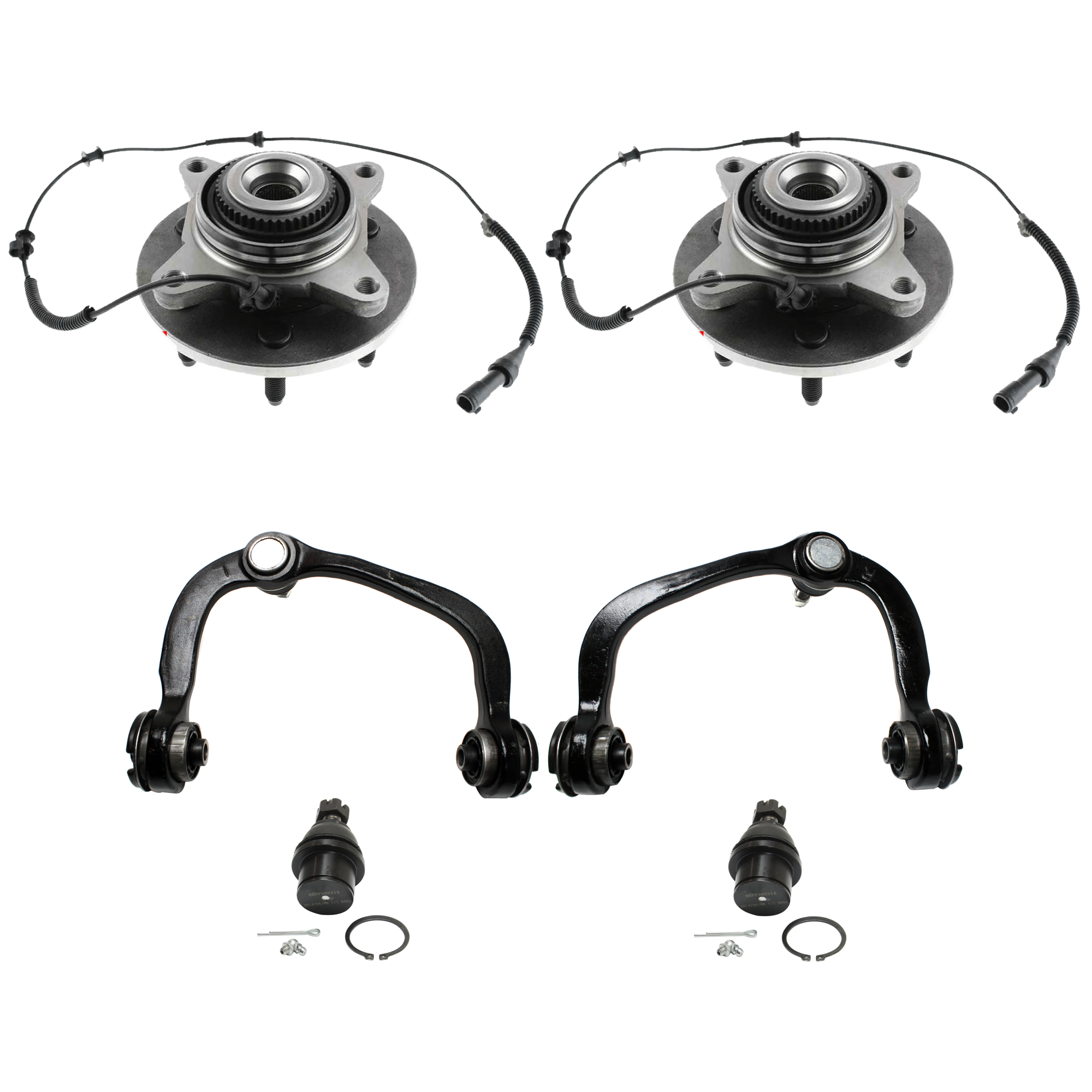 AM F 150-04-05 FRONT HUB RH AND LH Upper and Lower 6 pc kit with Ball Joint and Control Arm SKU KIT 072924 C4191 OEM 715046-7990301-40265016-4L342B