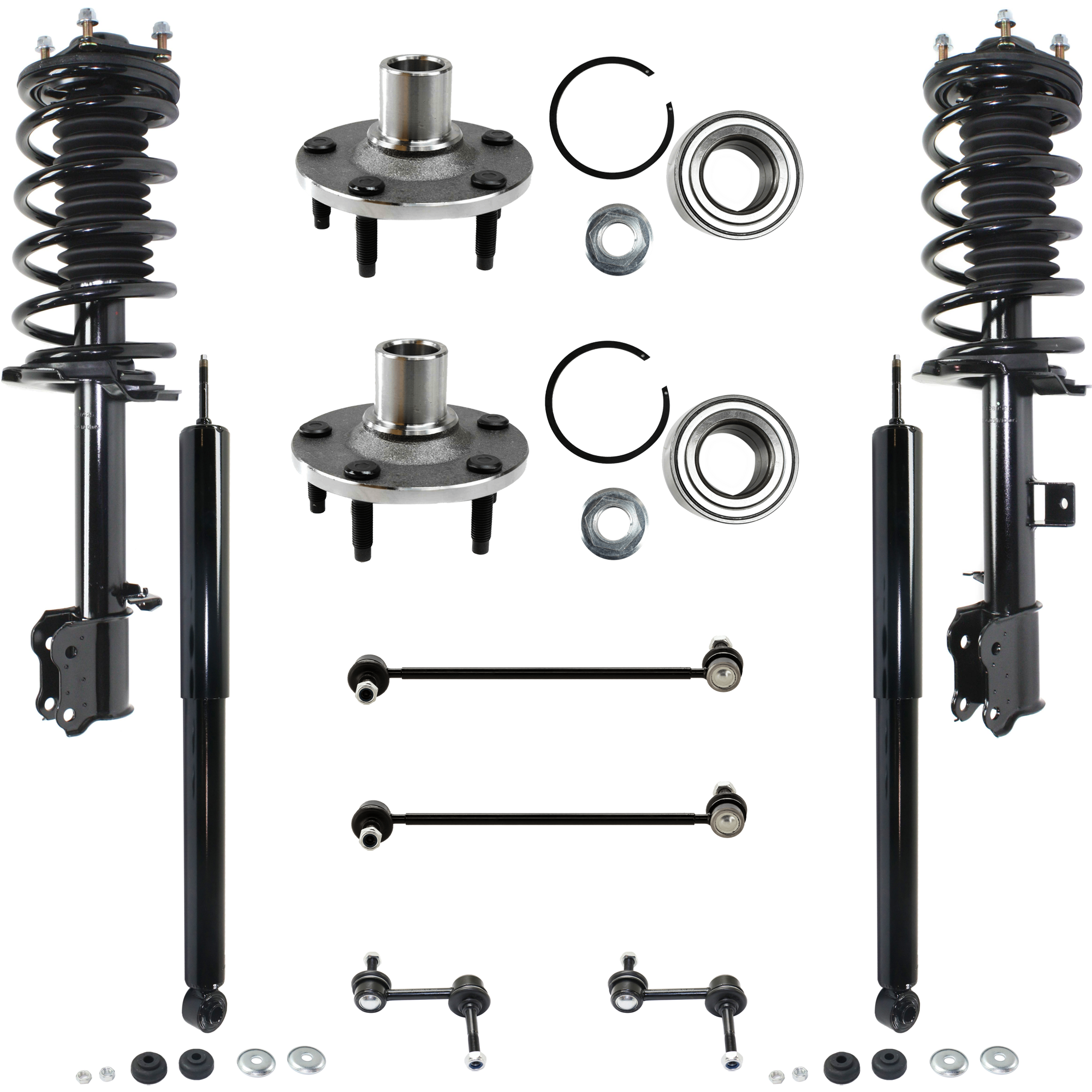 AM ESCAPE 09-12 FRONT AND REAR SHOCK ABSORBER AND STRUT ASSEMBLY RH AND LH 10 pc kit with Sway Bar Links and Wheel Hubs SKU KIT 072924 C4401 OEM 3U2Z18124VAA 6L8Z18124AC 8L8Z1