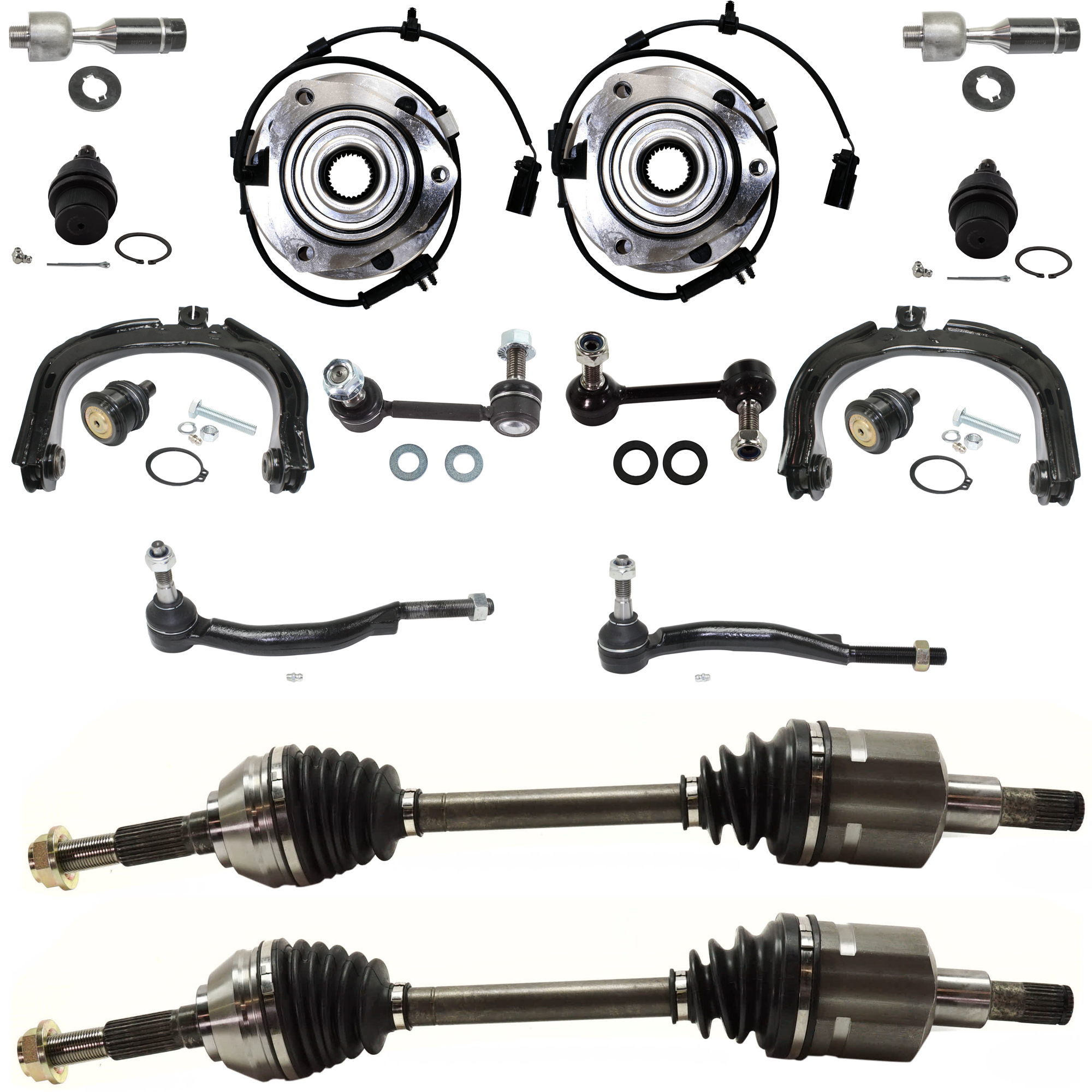 AM RAINER 04-07-9-7X 05-09 FRONT HUB ASSEMBLY RH AND LH 16 pc. Kit w Axle Assembly Ball Joint Control Arm Sway Bar Link and Tie Rod End SKU KIT 072924 C4434 OEM 8-151-308-580-260-790-000-000-000-000