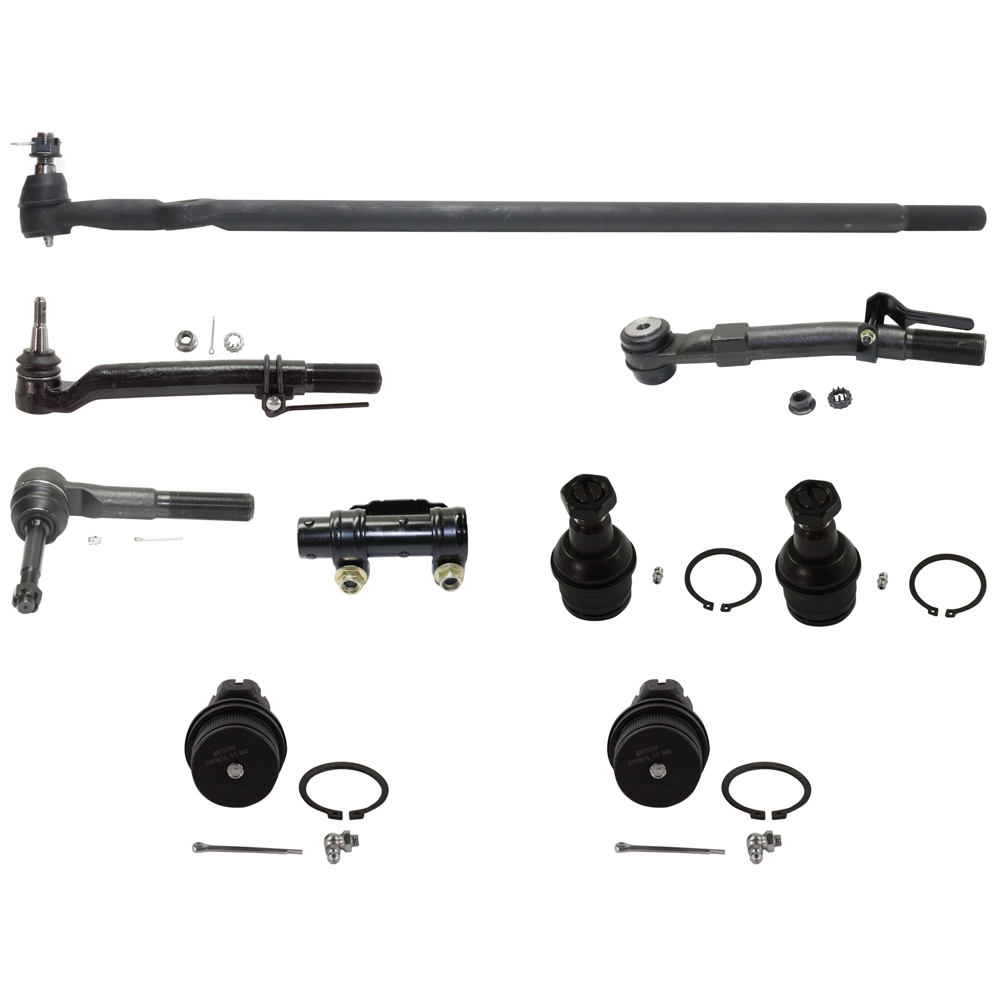 AM F SERIES SUPER DUTY 08-10 FRONT TIE ROD RH AND LH Outer 9 pc kit with Ball Joint Drag Link and Tie Rod Adjusting Sleeve SKU KIT 072924 C4453 OEM 5C3Z3A131HA BC3Z3A131F BC3Z3