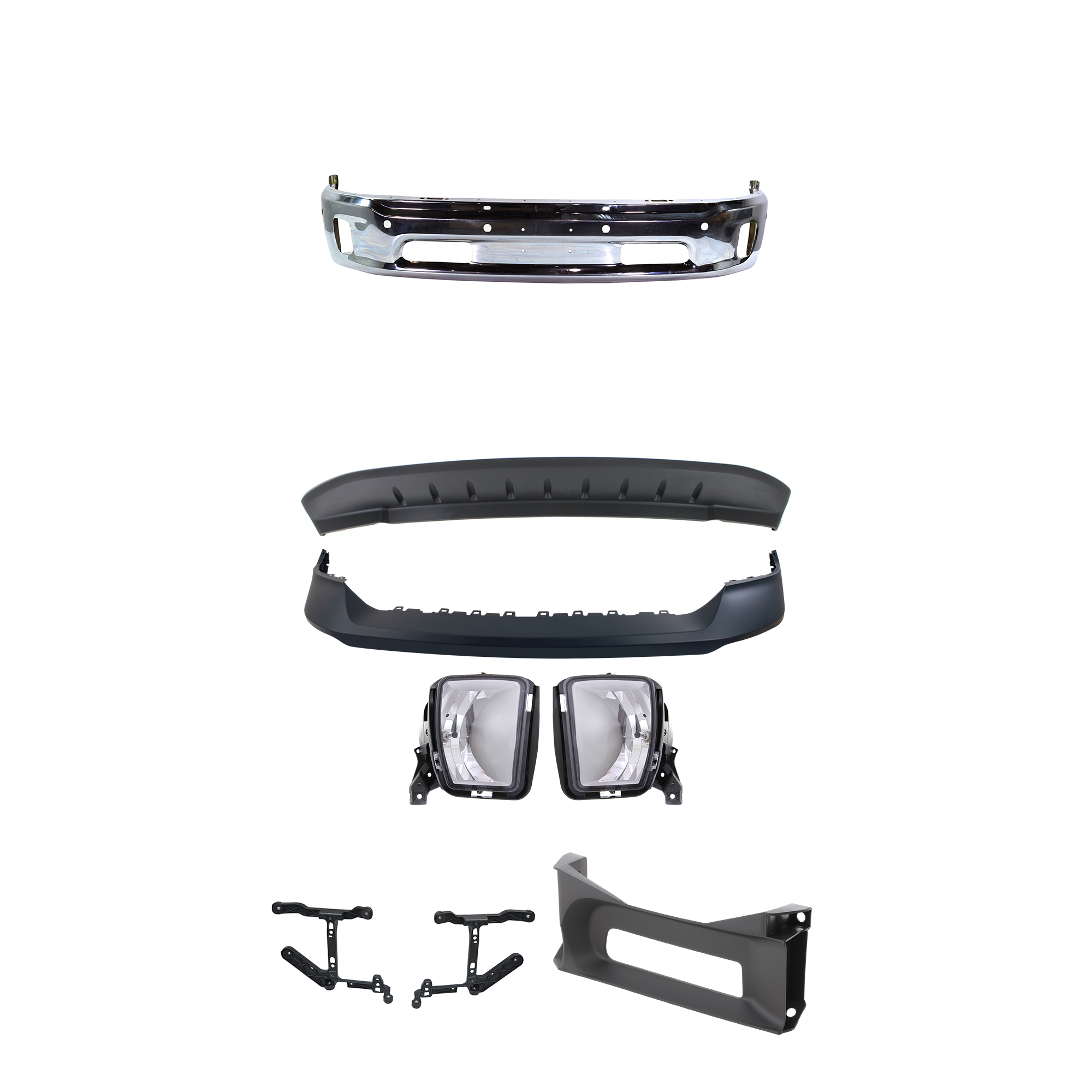 AM RAM 1500-14-18 FRONT BUMPER Lower Chrome 17 pc Kit Includes 19-22-1500 Classic SKU KIT 072924 C65 Partslink CH1002402 CH1061108 CH1014108 CH1037113 CH2593147 CH2592147 CH1090147 OEM 68160857AA 68232454AA 68197697