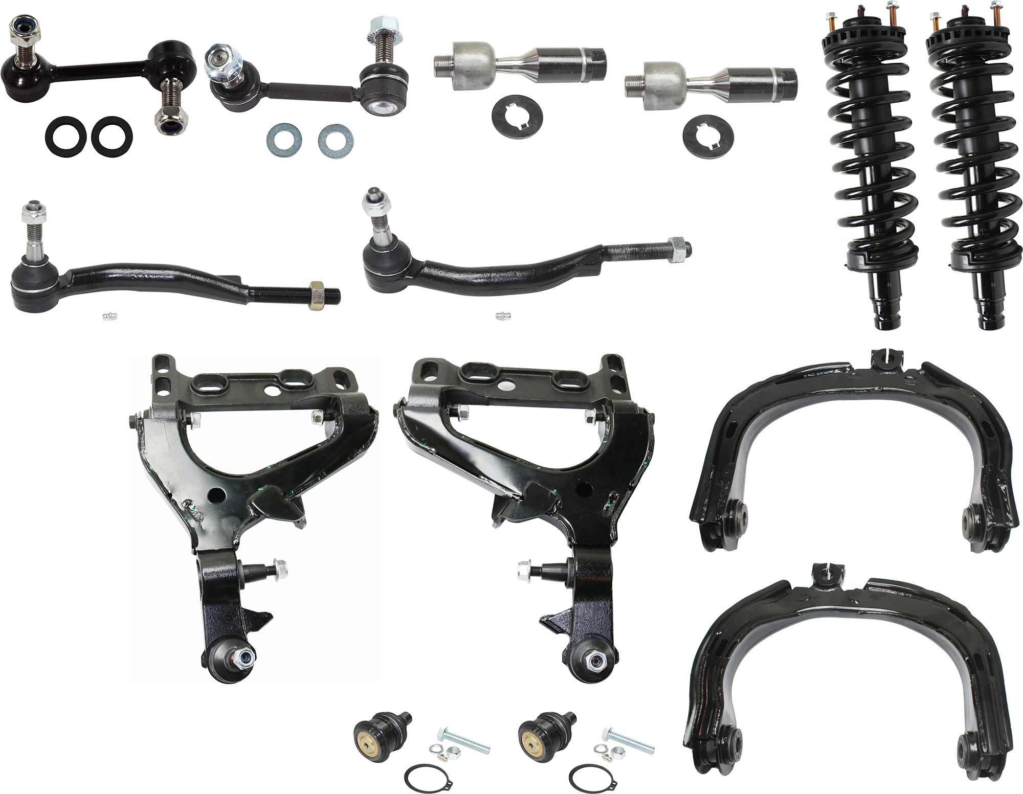 AM ASCENDER 04-08 RAINIER 04-07 FRONT CONTROL ARM RH AND LH Upper and Lower 14 pc Kit with Shock Absorber and Strut Assembly Tie Rod End Sway Bar Link Ball Joint SKU KIT 072924 C782 OEM 15080914-15298273-25786775