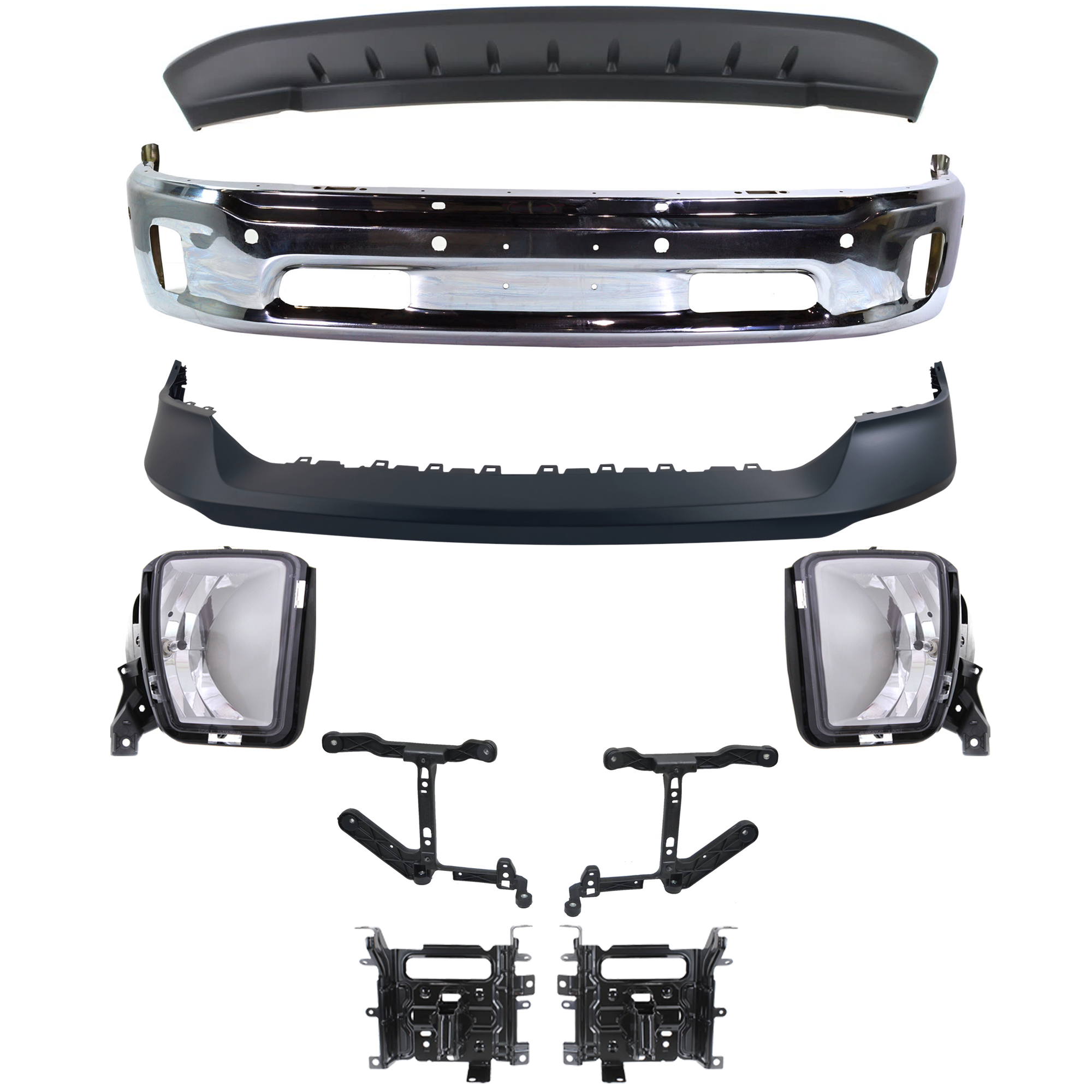 AM RAM 1500-14-18 FRONT BUMPER Lower Chrome 9 pc Kit Includes 19-22-1500 Classic SKU KIT 072924 C80 Partslink CH1002402 CH1061104 CH1061108 CH1014108 CH2593147 CH2592147 CH1090147 OEM 68160857AA 68232485AA 68232454
