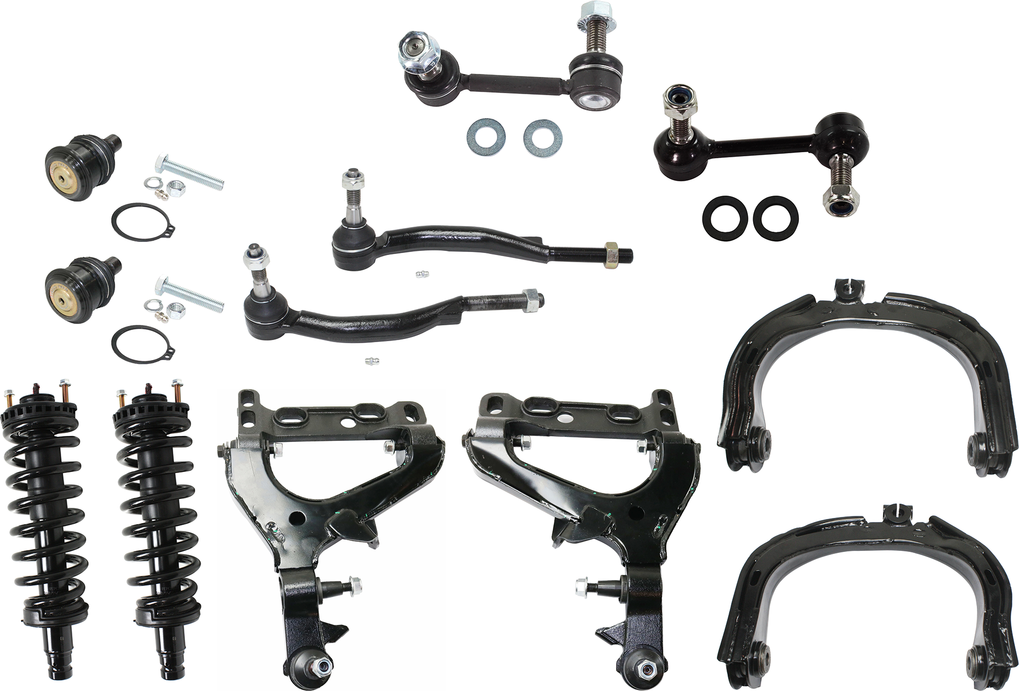 AM ASCENDER 04-08 RAINIER 04-07 FRONT CONTROL ARM RH AND LH Upper and Lower 12 pc Kit with Shock Absorber and Strut Assembly Tie Rod End Sway Bar Link Ball Joint SKU KIT 072924 C818 OEM 15080914-15298273-25786775