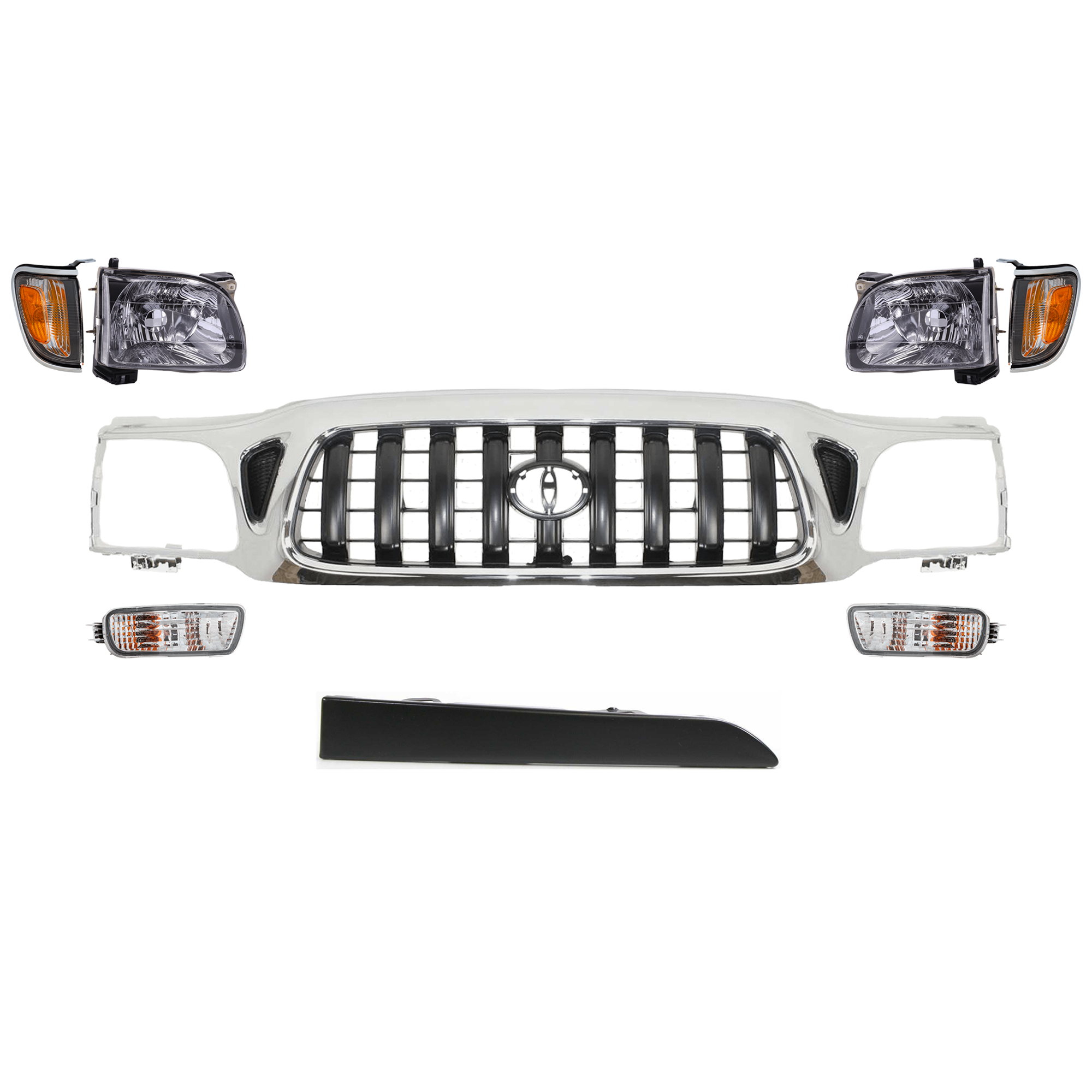 AM TACOMA 01-04 GRILLE 9 pc Kit with Headlight Corner Light Turn Signal Light and Headlight Filler SKU KIT 072924 C846 Partslink TO1200248 TO2521161 TO2520161 TO2503136 TO2502136 TO1088108 TO1089108 TO2530140 TO2531140 OEM 5310004240-8161004080-81620040