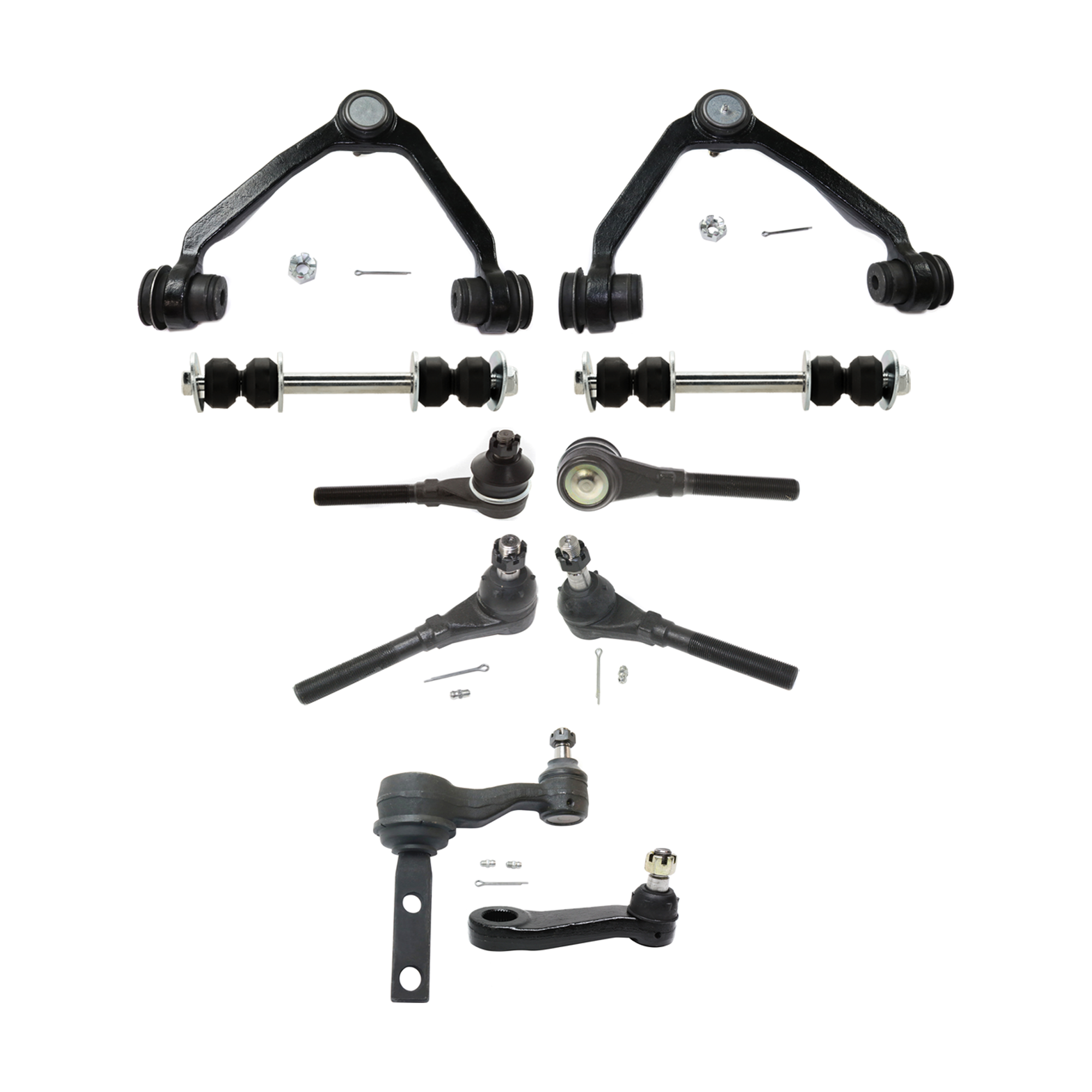AM F SERIES PICKUP 97-04 FRONT CONTROL ARM RH AND LH Upper w ball joint s 10 pc Kit with Idler Arm Pitman Arm Tie Rod End Sway Bar Link SKU KIT 072924 C856 OEM 5L3Z3084C F75Z3084BA XL3Z308