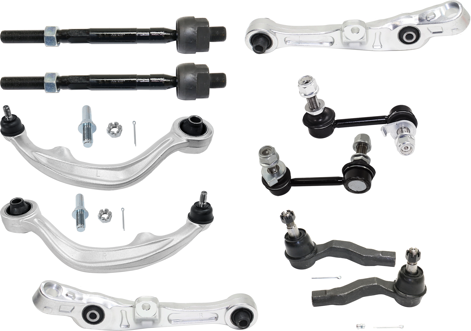AM G35-350Z 03-04 FRONT CONTROL ARM RH AND LH Lower Frontward and Rearward 10 pc Kit with Sway Bar Link and Tie Rod End SKU KIT 072924 C877 OEM 54468CD00C 54469CD00C 54469A