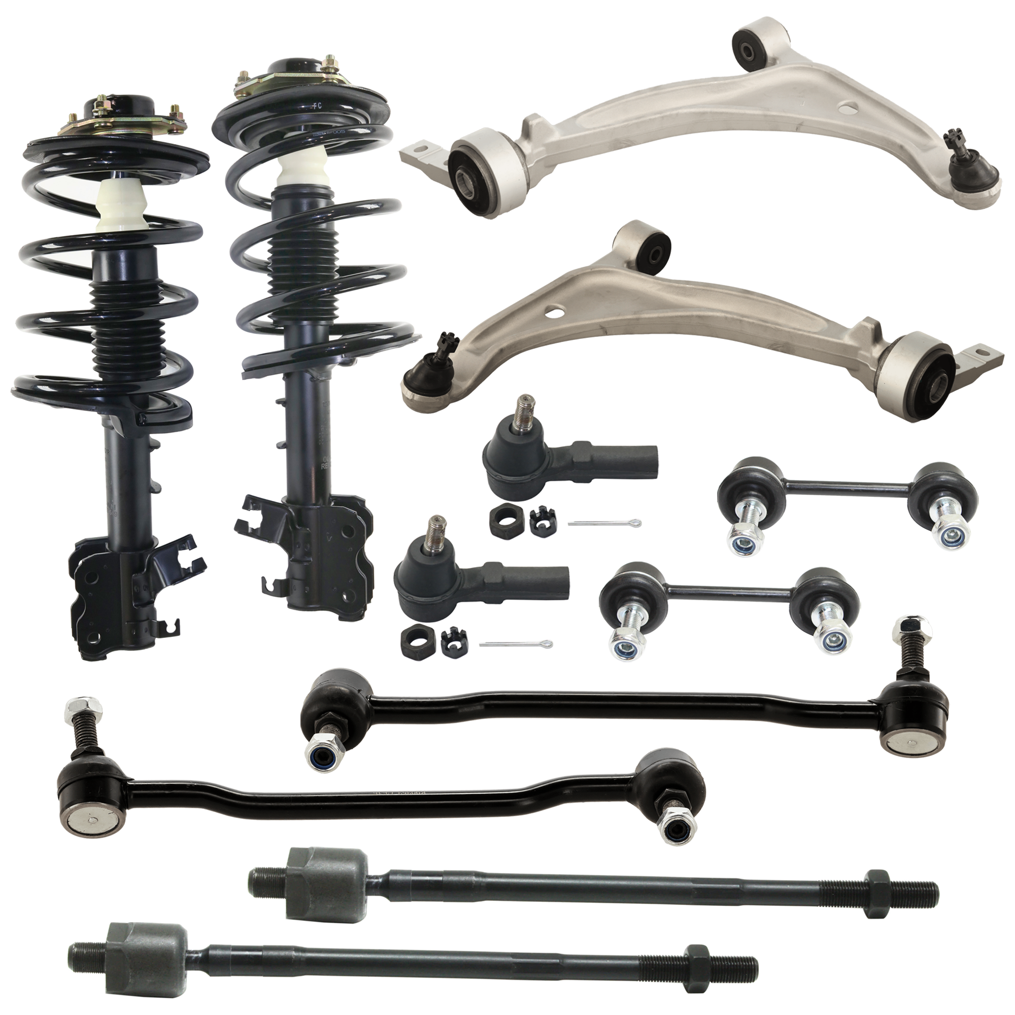 AM ALTIMA 02-04 FRONT FULLY LOADED STRUT RH AND LH 12 pc Kit with Control Arm Sway Bar Link and Tie Rod End SKU KIT 072924 C887 Partslink NI4520101 OEM 543027Y426 E43027Y01B 543037