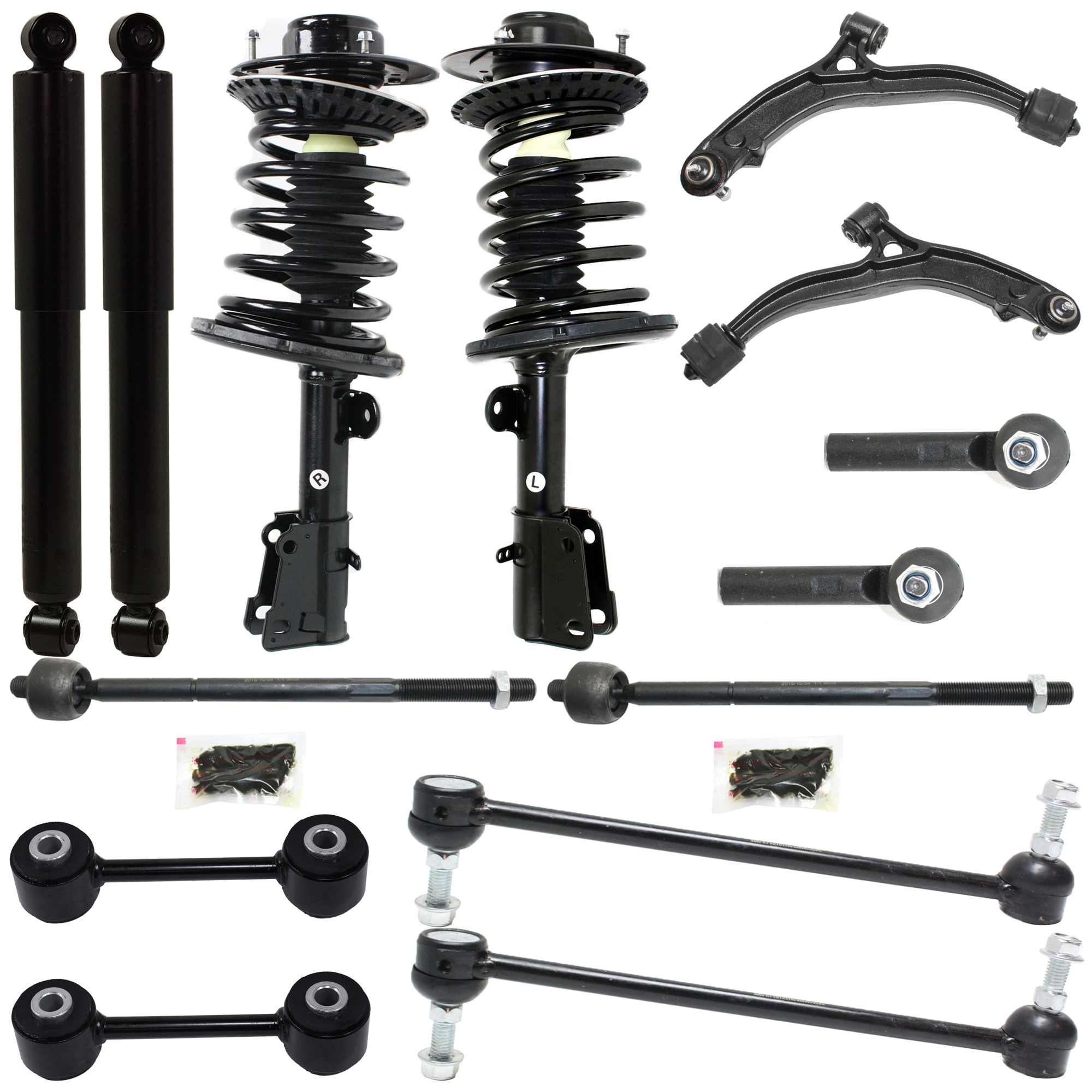 AM GRAND CARAVAN TOWN COUNTRY 01-04 FRONT AND REAR SHOCK AND LOADED STRUT RH AND LH 14 pc kit Gas Charged Twin tube with Control Arm Sway Bar Link and Tie Rod End SKU KIT 072924 C888 OEM 4684681AB 4684682-5066336AA 50