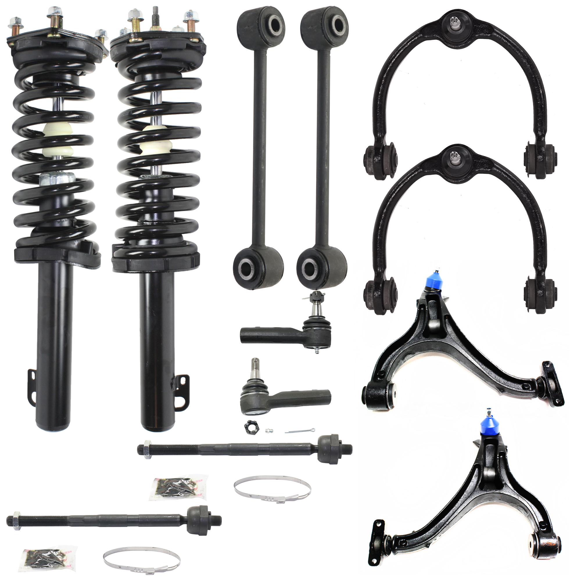 AM GRAND CHEROKEE 06-10 FRONT FULLY LOADED STRUT RH AND LH 12 pc kit with Control Arms Sway Bar Links and Tie Rod Ends SKU KIT 072924 C890 OEM 11211-815361-92140147-27015