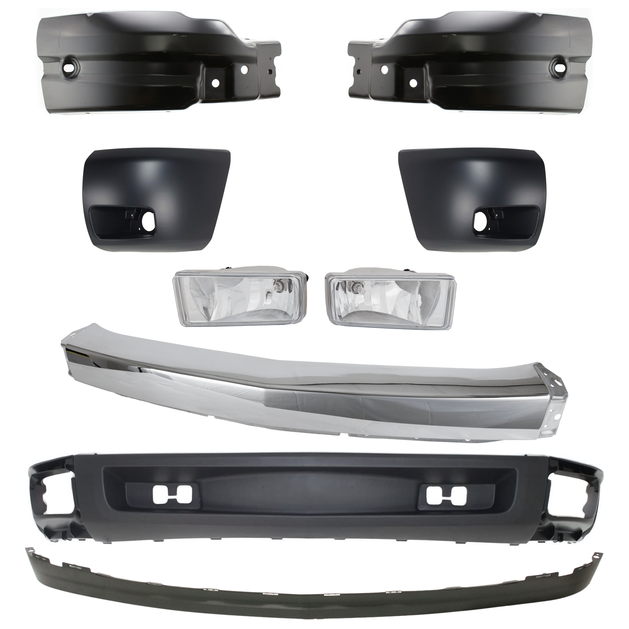 AM SILVERADO 1500-07-08 FRONT BUMPER 9 pc kit w Fog Light Valance and Bumper End SKU KIT 072924 C893 Partslink GM1002830 GM1004148 GM1005148 GM1005147 GM1004147 GM2593160 GM2592160 GM1092191 GM1092192 OEM 15836961-22737638-22737639-158