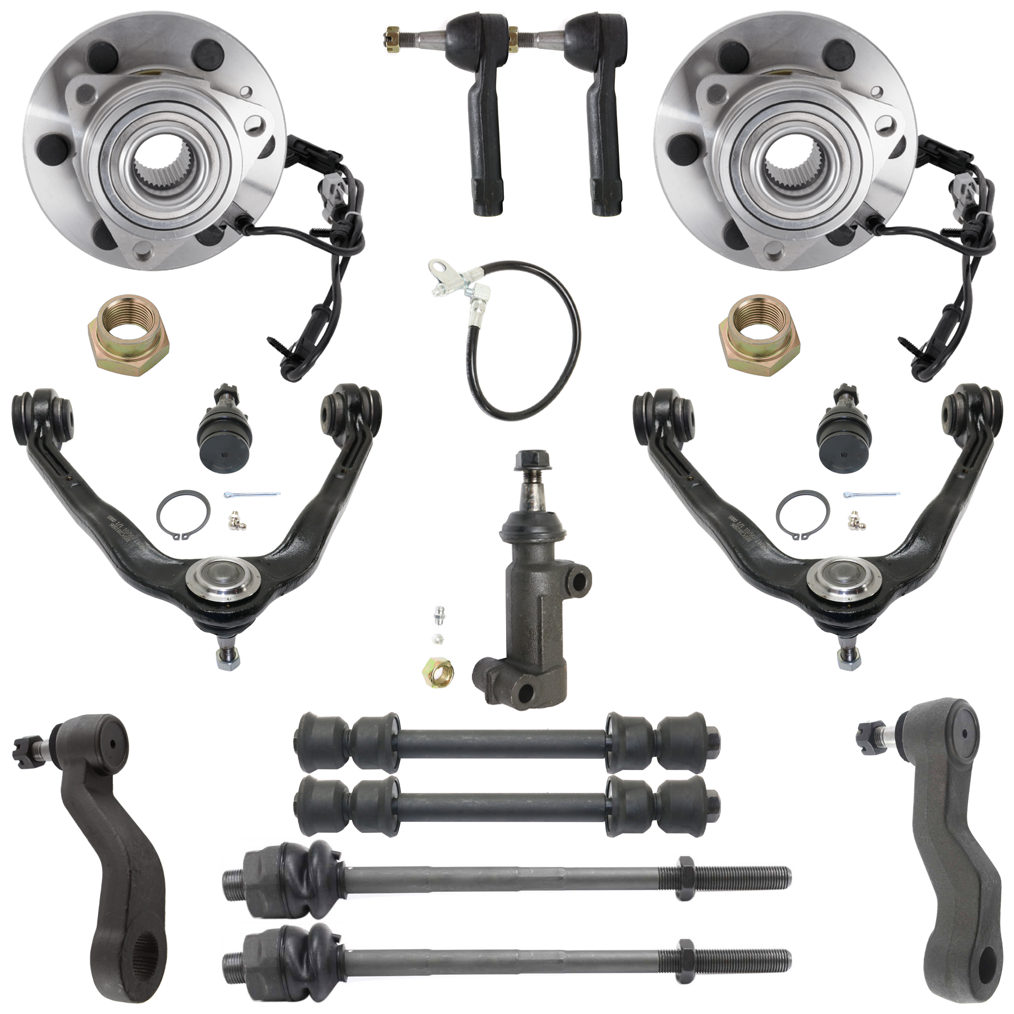 AM SILVERADO SIERRA 1500-01-06 FRONT OR REAR HUB ASSEMBLY RH AND LH 15 pc kit with Ball Joint Control Arm Tie Rod End Idler Arm Pitman Arm Idler Arm Bracket and Sway Bar Link SKU KIT 072924 C897 OEM 192-090-401-523-311-000-000-000-000