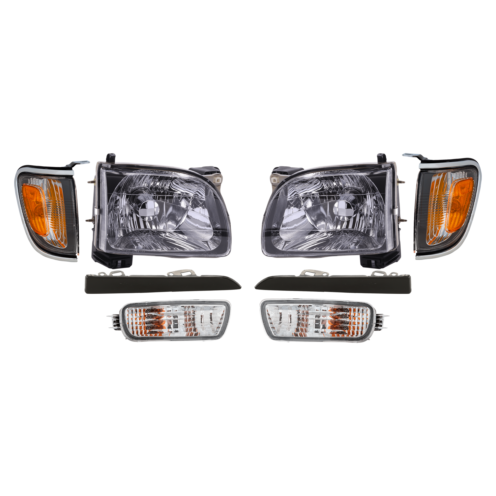 AM TACOMA 01-04 HEAD LAMP RH AND LH 8 pc Kit with Corner Light Headlight Filler and Turn Signal Light SKU KIT 072924 C923 Partslink TO2502136 TO2503136 TO2521161 TO2520161 TO1089108 TO1088108 TO2530140 TO2531140 OEM 8111004110-8115004110-81610040