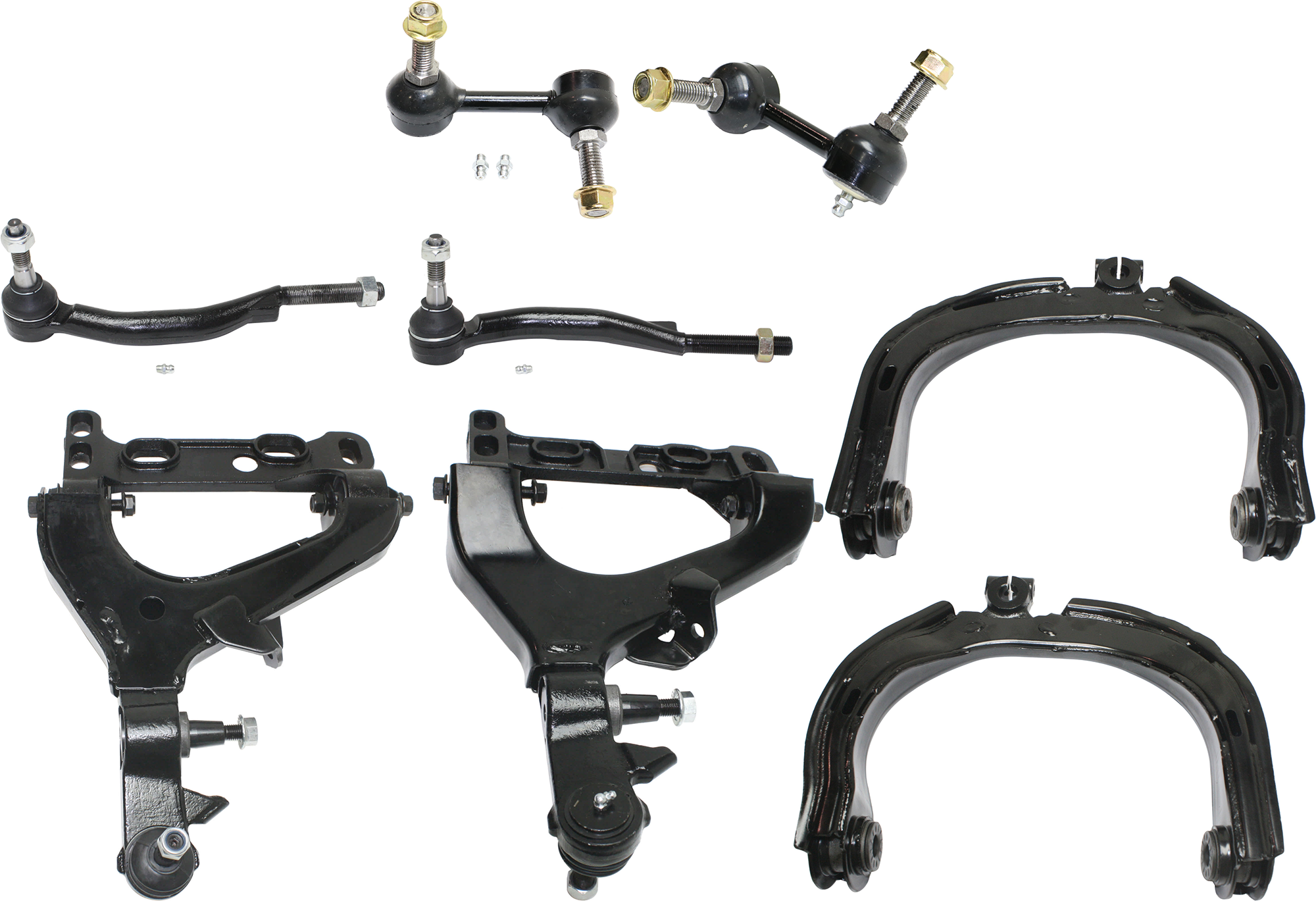 AM ASCENDER 04-08 RAINIER 04-07 FRONT CONTROL ARM RH AND LH Upper and Lower 8 pc Kit with Sway Bar Link and Tie Rod End SKU KIT 072924 C940 OEM 15080914-15298273-25786775