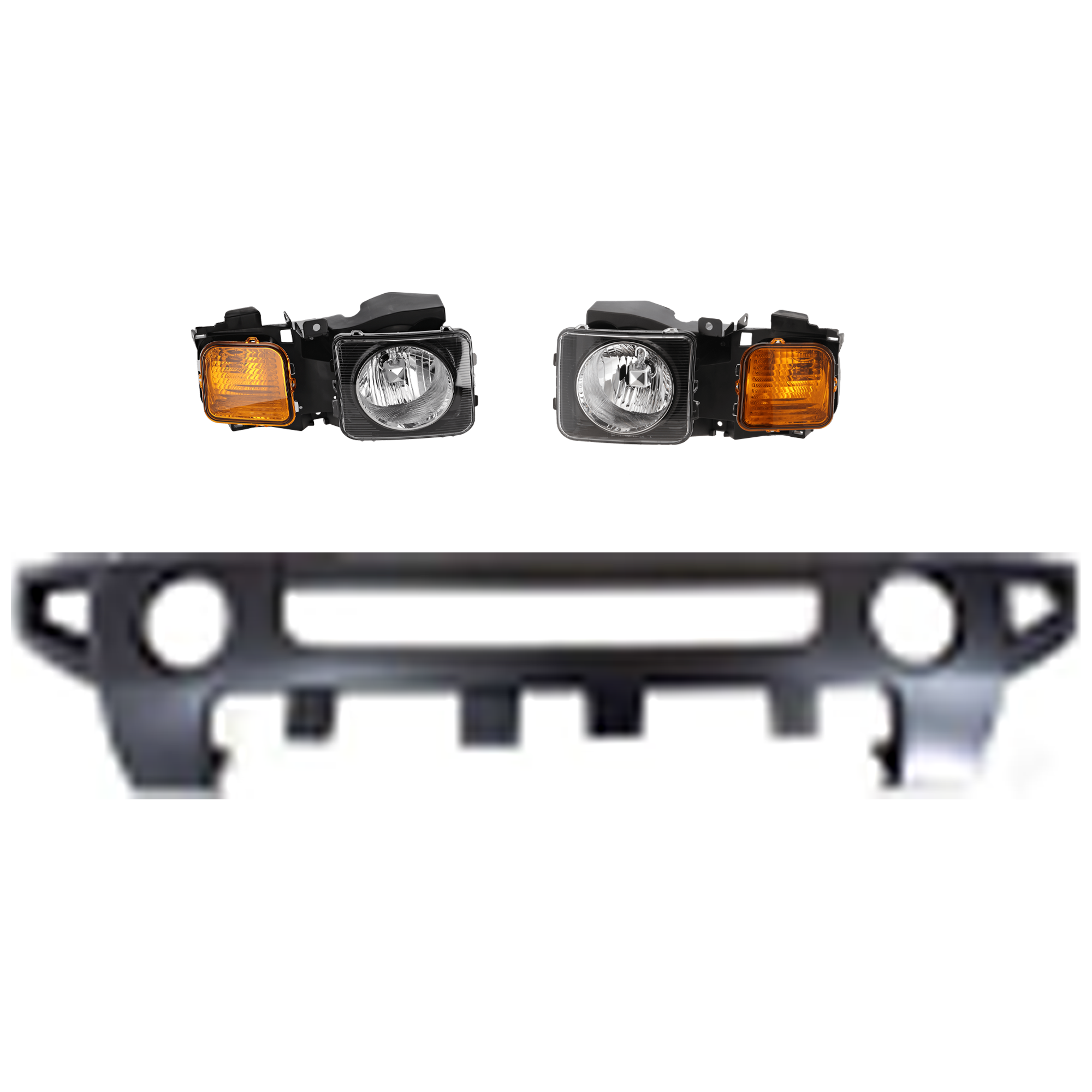 AM H3-06-10 H3T 09-10 FRONT BUMPER COVER 3 pc Kit Textured with Headlight SKU KIT 072926 NM140 Partslink HU1000102 HU2503100 HU2502100 OEM 15264942-15951164-15951163