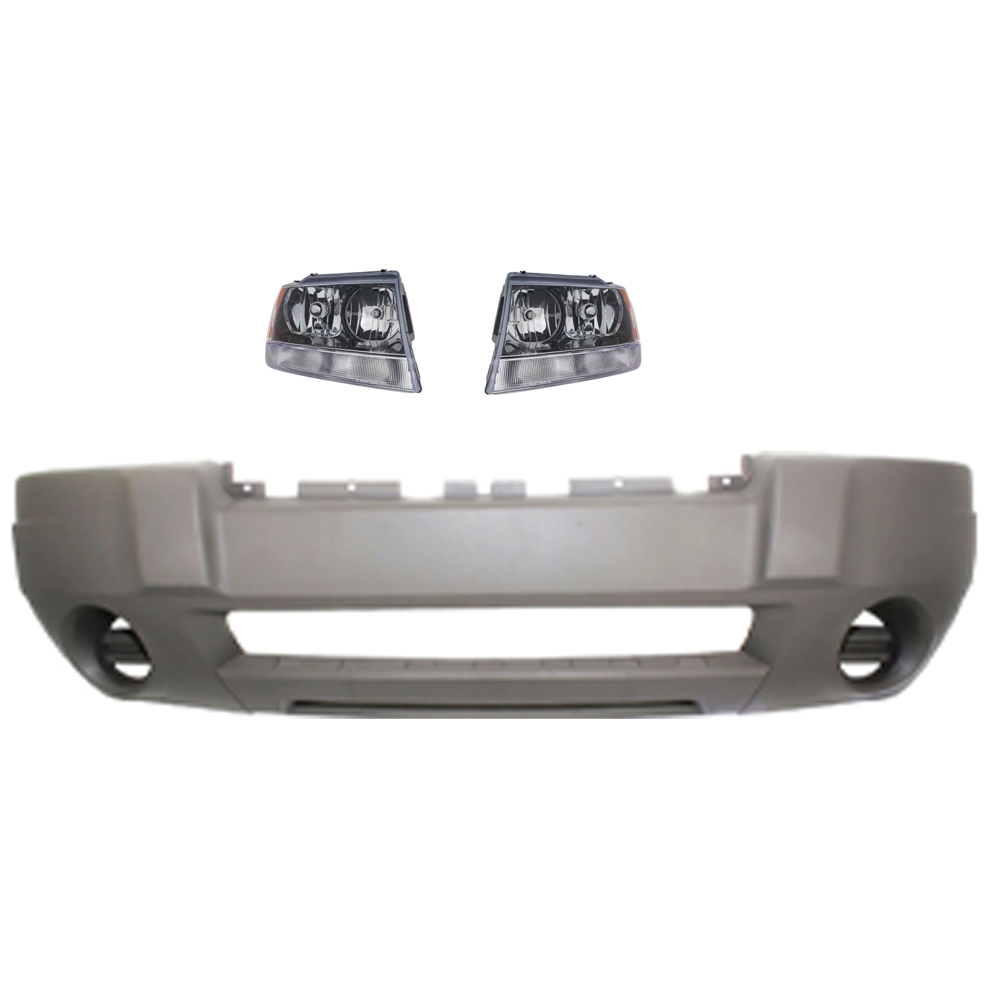 AM GRAND CHEROKEE 04-04 FRONT BUMPER COVER 3 pc Kit Textured Laredo Model w o Fog Light Holes with Headlight SKU KIT 072926 NM141 Partslink CH1000409 CH2503138 CH2502138 OEM 5JF81WLPAC 55155128AJ 55155129