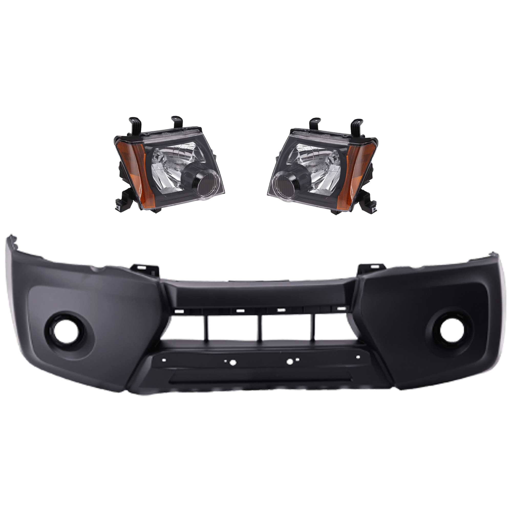 AM XTERRA 09-15 FRONT BUMPER COVER 3 pc Kit Primed with Headlight SKU KIT 072926 NM150 Partslink NI1000264 NI2503189 NI2502189 OEM FBM22ZL0MA 26010ZL00A 26060ZL0