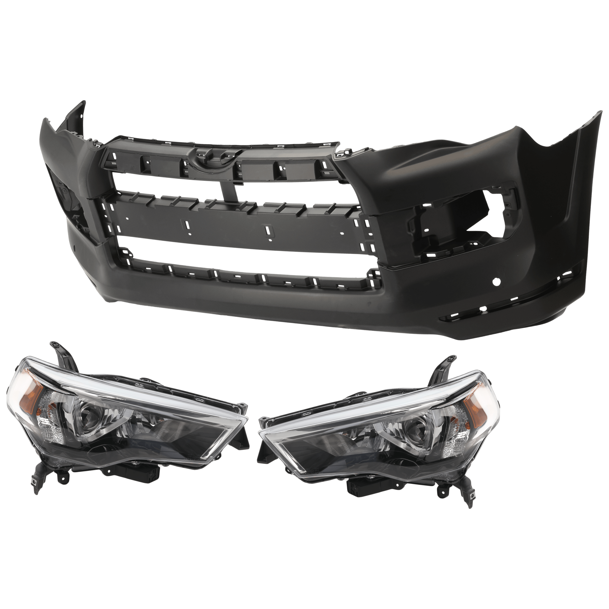 AM 4RUNNER 14-20 FRONT BUMPER COVER 3 pc Kit Primed w Holes for Chrome Trim with Headlight SKU KIT 072926 NM162 OEM 5211935916-5211935913-81130355
