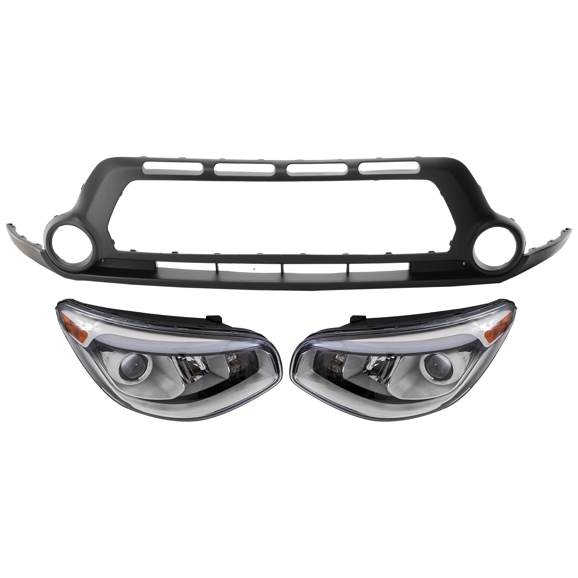 AM SOUL 14-16 HEAD LAMP RH AND LH 3 pc Kit Assembly Halogen with Bumper Cover SKU KIT 072926 NM167 Partslink KI2502168C KI2503167C KI1015104C OEM 92101B2050-92102B2270-86512B20