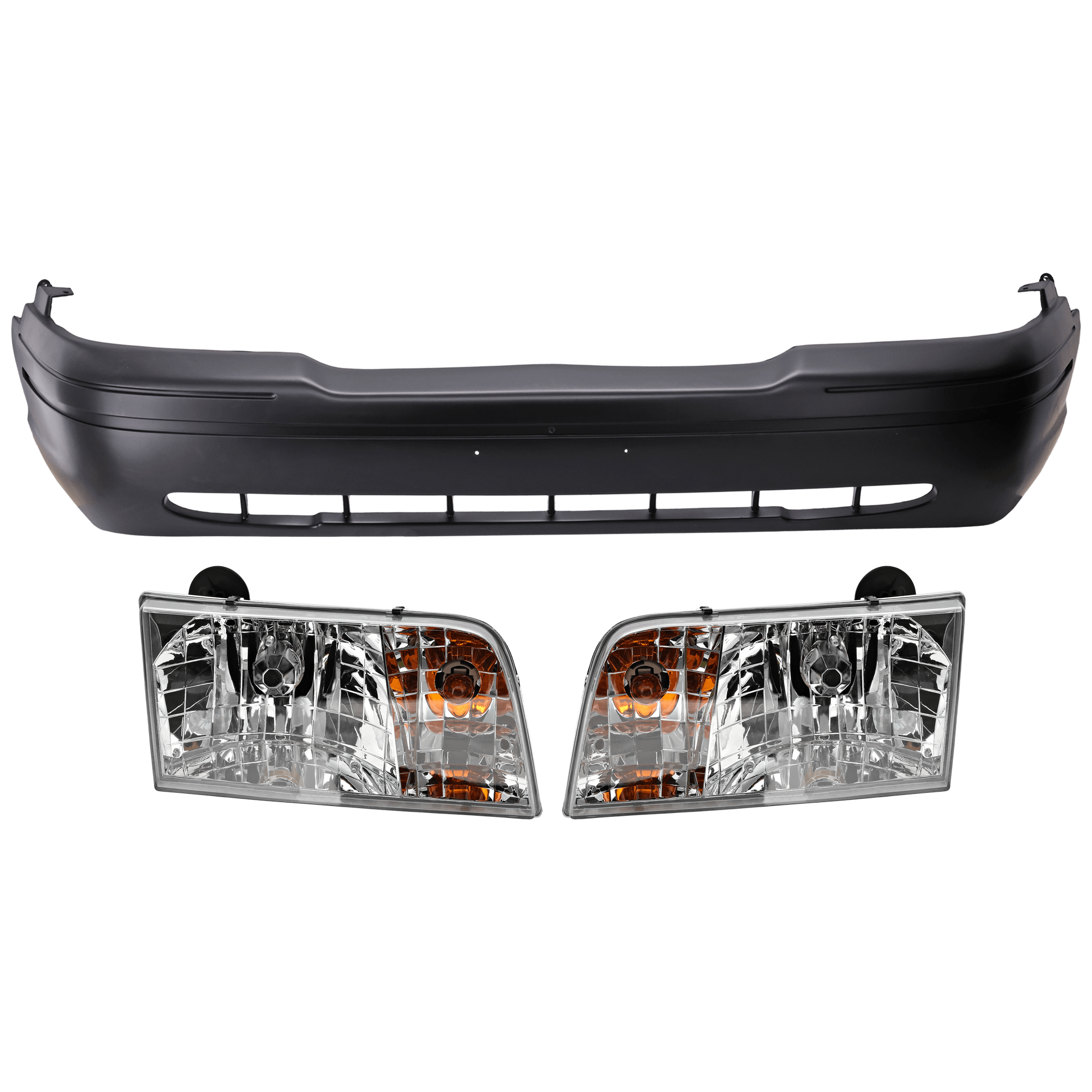 AM CROWN VICTORIA 98-05 FRONT BUMPER COVER 3 pc Kit Primed w o Apron with Headlight SKU KIT 072926 NM170 Partslink FO1000422 FO2503200 FO2502200 OEM F8AZ17D957AA 4W7Z13008B 4W7Z13