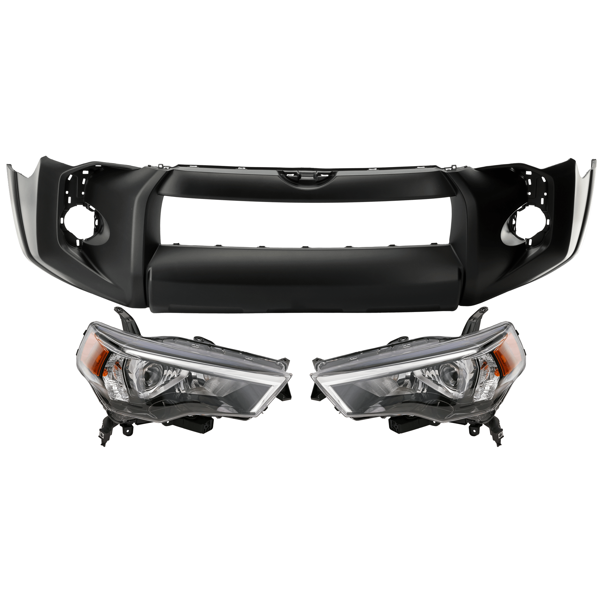 AM 4RUNNER 14-20 FRONT BUMPER COVER 3 pc Kit Primed SR5 SR5 Premium Models w Front Emblem w o Holes for Chrome Trim and Valance Panel with Headlight SKU KIT 072926 NM173 OEM 5211935918-5211935912-81130355