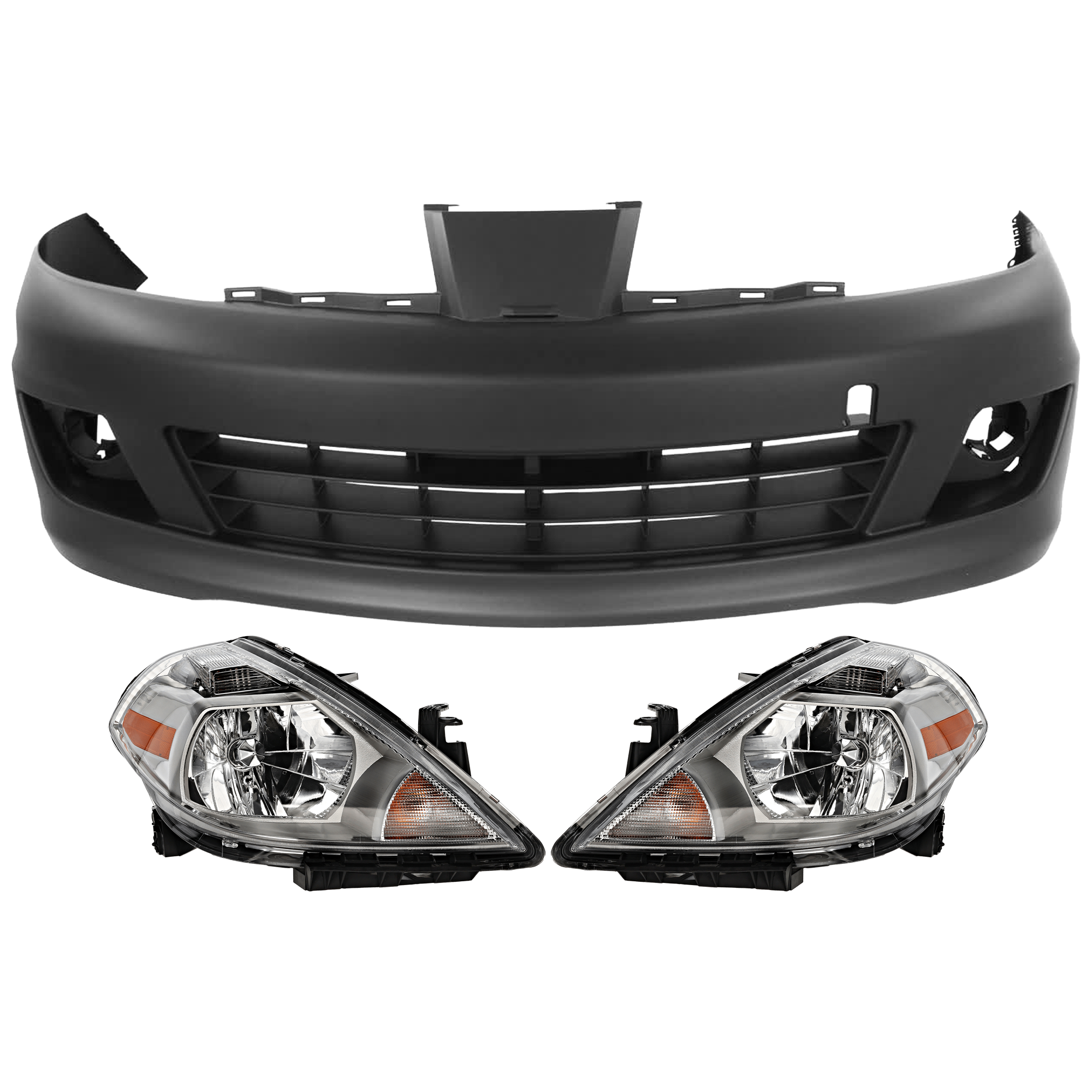 AM VERSA 07-12 FRONT BUMPER COVER 3 pc Kit Primed w Sport Pkg Hatchback with Headlight SKU KIT 072926 NM182 Partslink NI1000249 NI2503165 NI2502165 OEM FBM22EM31J 26010EM30A 26060EM3