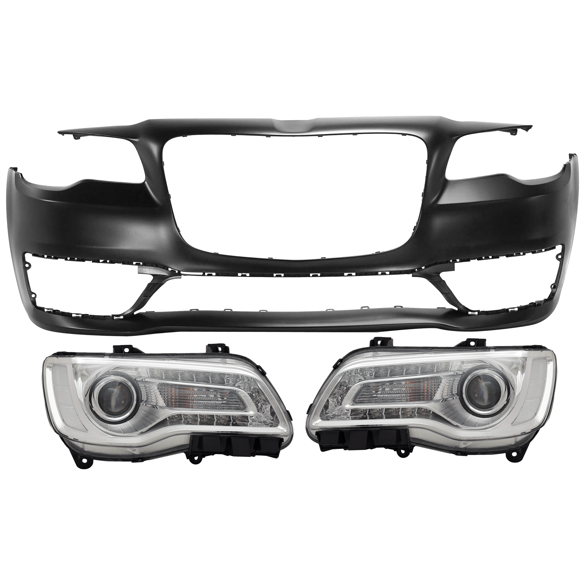 AM CHRYSLER 300-18-23 HEAD LAMP RH AND LH 3 pc Kit Assembly Halogen with Bumper Cover SKU KIT 072926 NM186 Partslink CH2502322 CH2503322 CH1000A36 OEM 68402946AA 68402947AA 5PP58TZZ