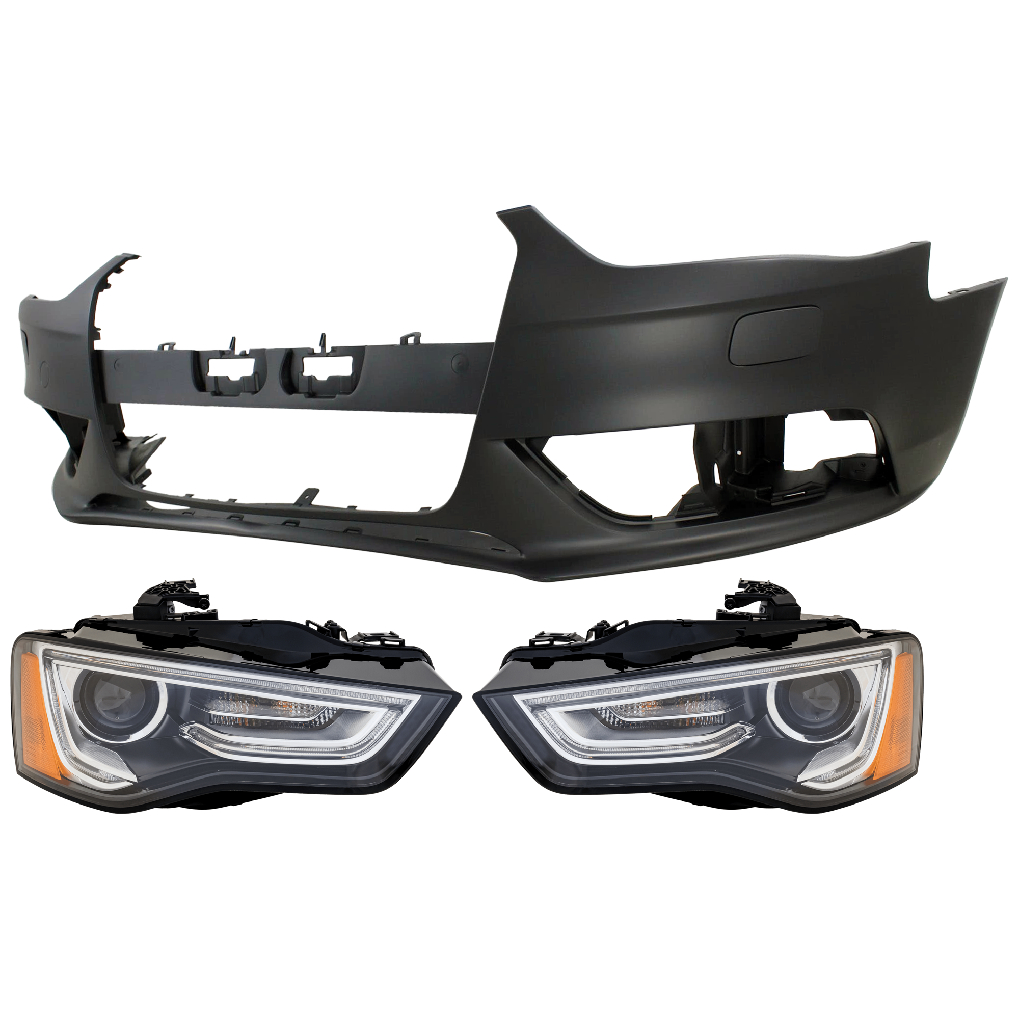 AM A4 A4 QUATTRO 13-16 HEAD LAMP RH AND LH 3 pc Kit Lens and Housing HID Xenon with Bumper Cover SKU KIT 072926 NM189 Partslink AU1000189 OEM 8T0941043E PFM 8T0941044E PFM