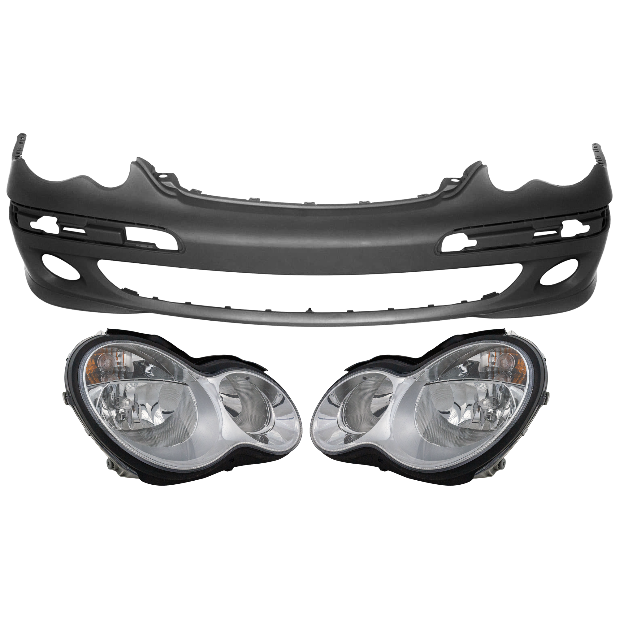 AM C CLASS 05-07 HEAD LAMP RH AND LH 3 pc Kit Assembly Halogen with Bumper Cover SKU KIT 072926 NM191 Partslink MB2502148 MB2502209 MB2503148 MB2503209 MB1000210 OEM 2038201559-2038203561-20382016