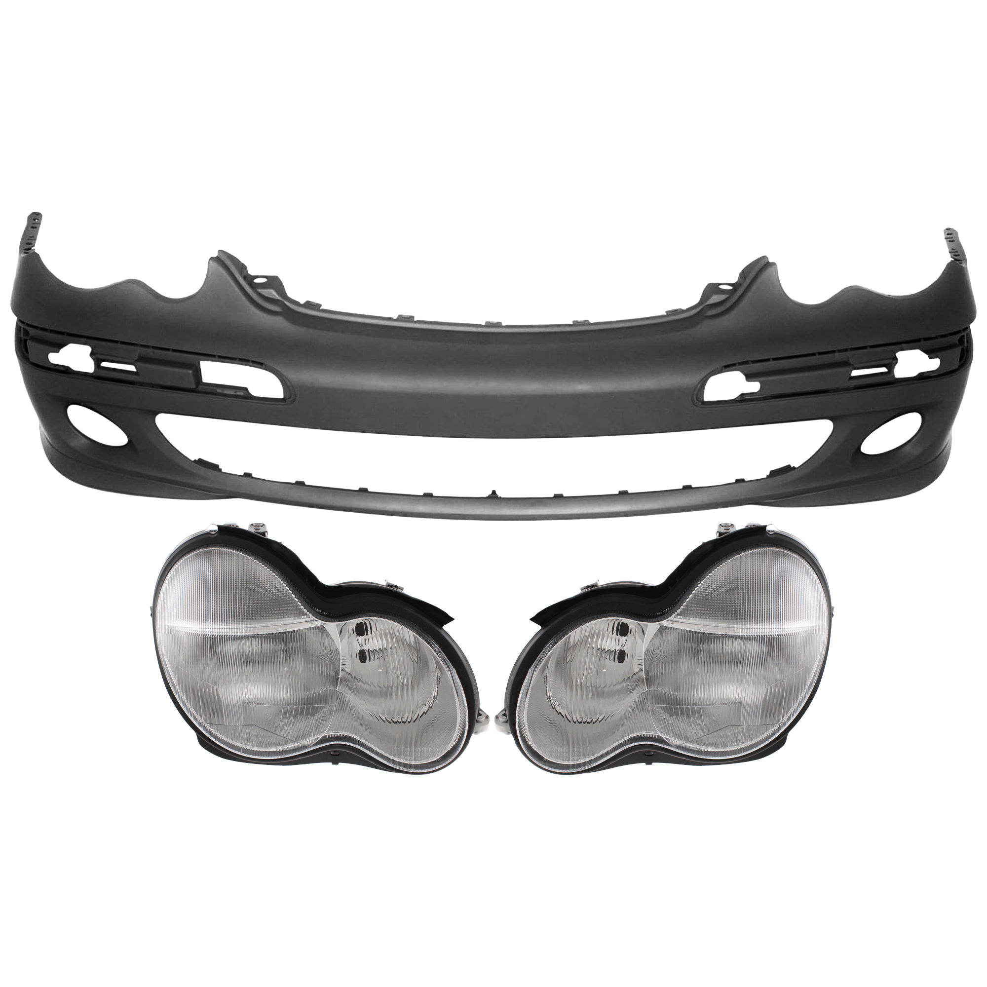 AM C CLASS 05-07 HEAD LAMP RH AND LH 3 pc Kit Lens and Housing HID Xenon with Bumper Cover SKU KIT 072926 NM192 Partslink MB2502149 MB2503149 MB1000210 OEM 2038202759-2038201561-20382028