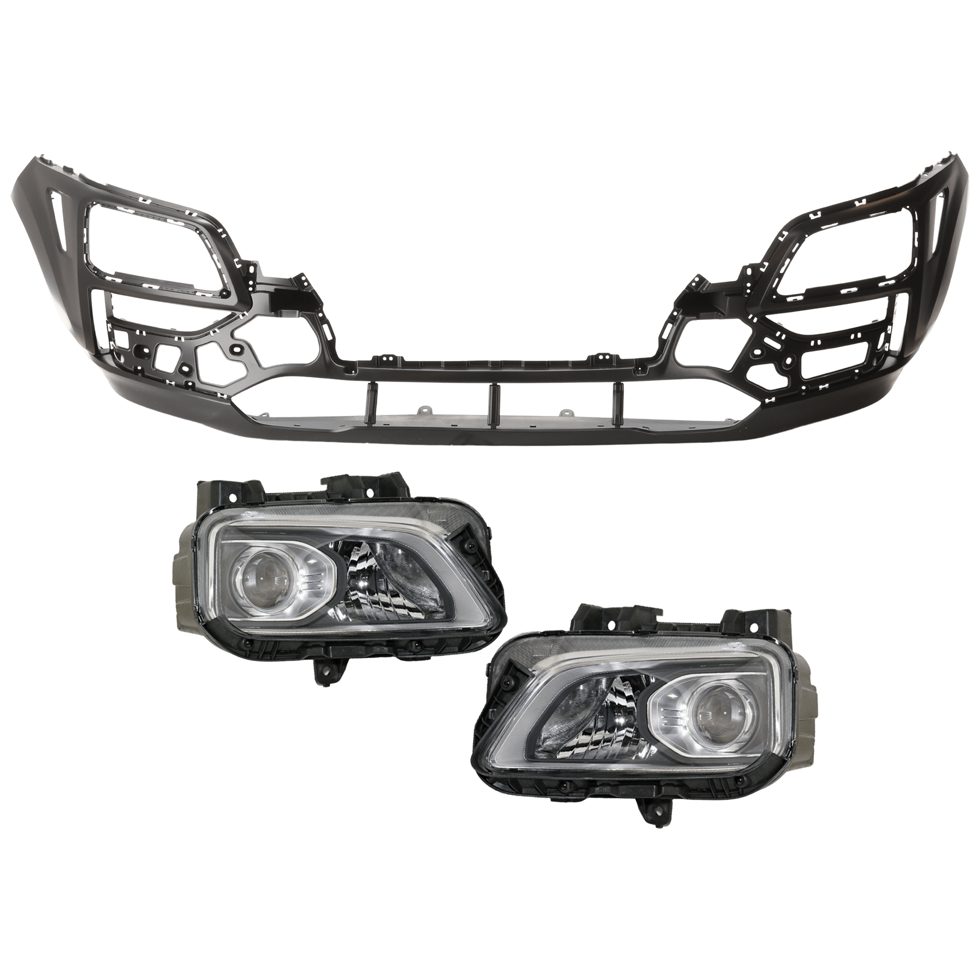 AM KONA 18-21 HEAD LAMP RH AND LH 3 pc Kit Assembly Halogen with Bumper Cover SKU KIT 072926 NM19 Partslink HY2502223 HY2503223 HY1015110 OEM 92101J9020-92102J9020-86510J90